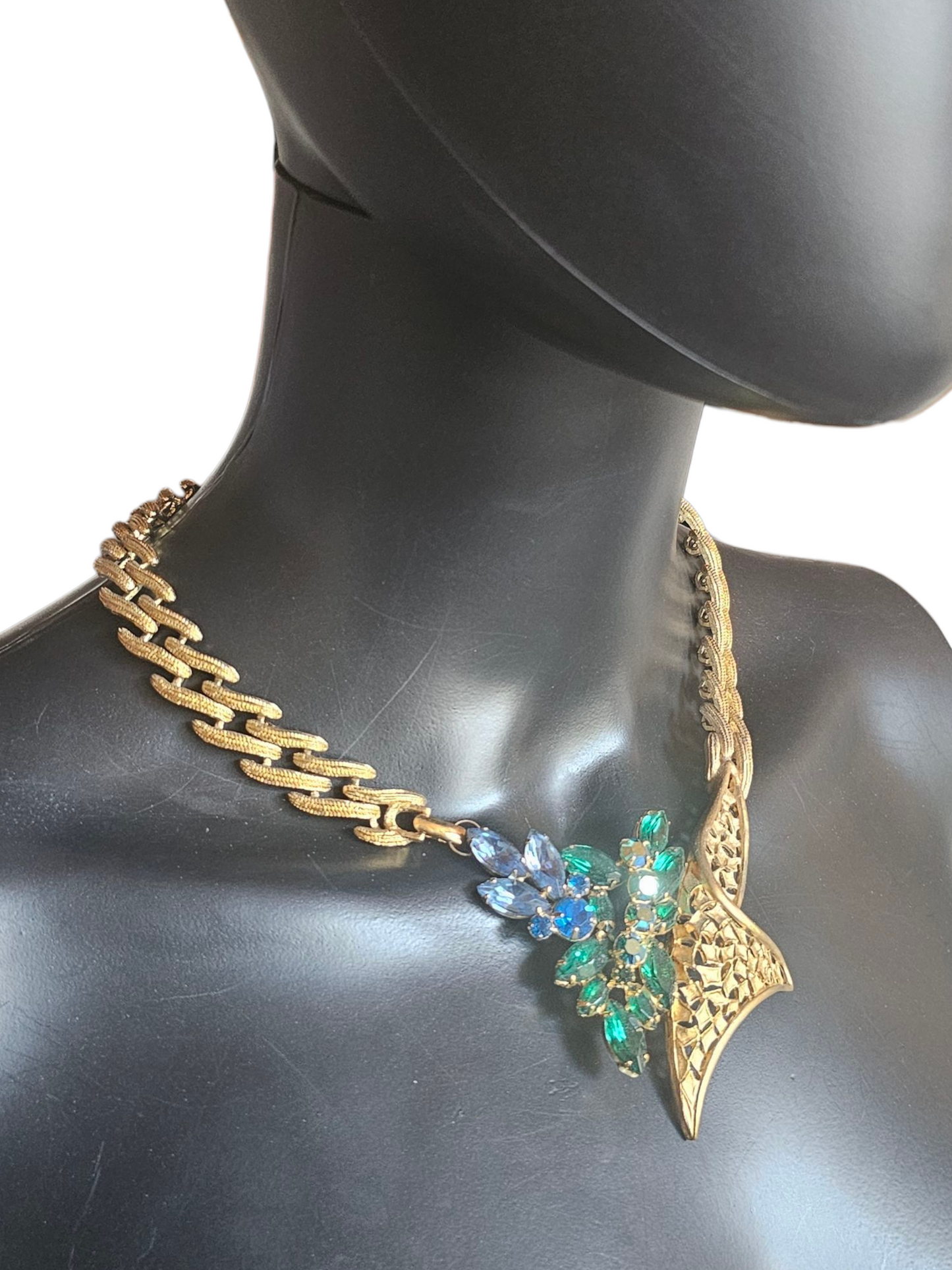 Vintage Bespoke/Remade Gold/Blue/Green Crystal Collar Necklace