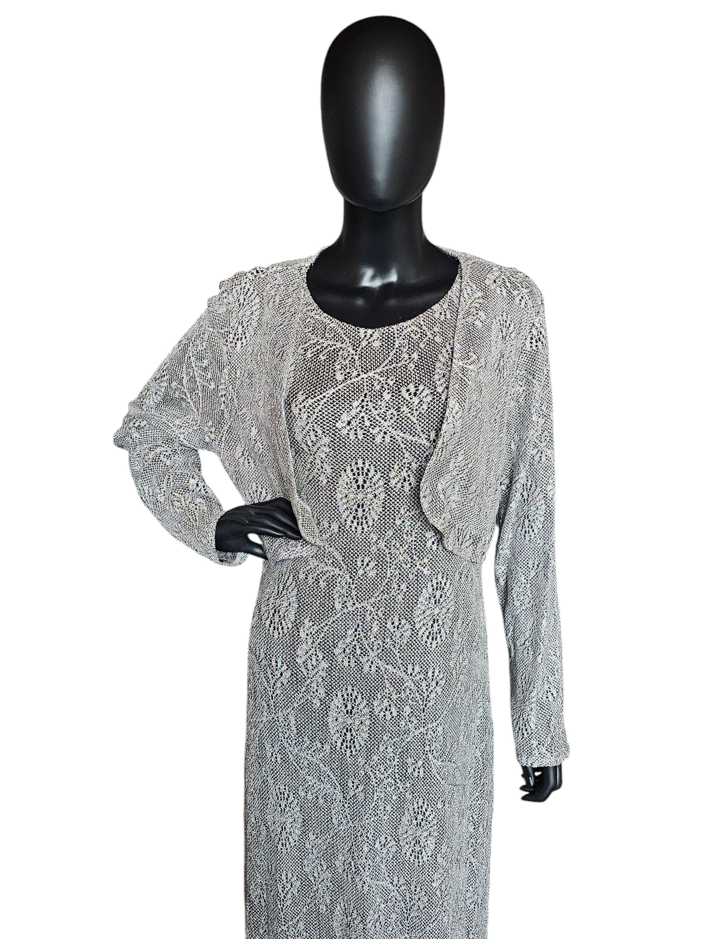 Silver Crochet Sheath/Fringe Formal Dress W/Bolero Jacket - Harlow Nites