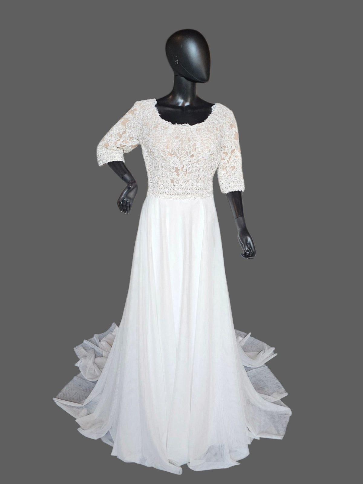 Ivory Scoop Neck Lace 3/4 Sleeve A-Line Net Wedding Gown - Maggie Sottero