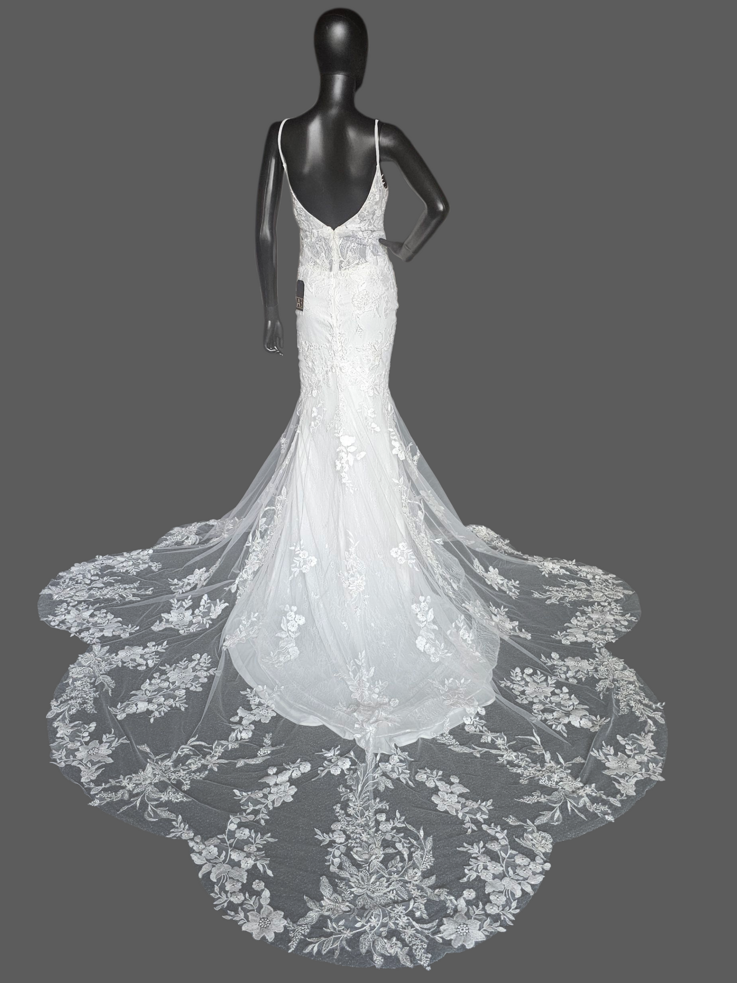 Ivory Fitted Spaghetti Strap Plunge Scallop Train Wedding Gown - Stella Couture