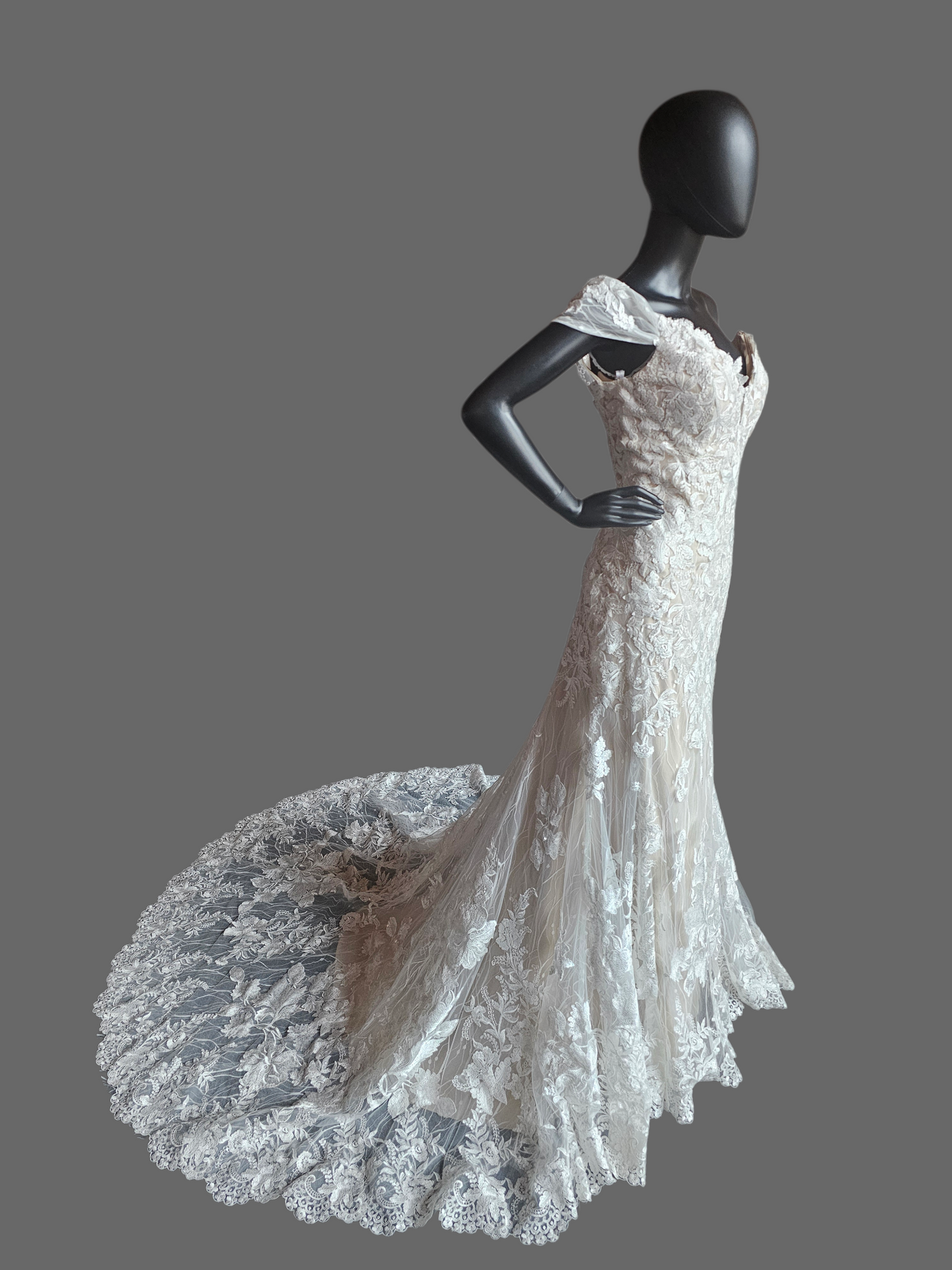 Ivory/Honey Layered Lace Fitted Off Shoulder Wedding Gown - Martin Thornburg