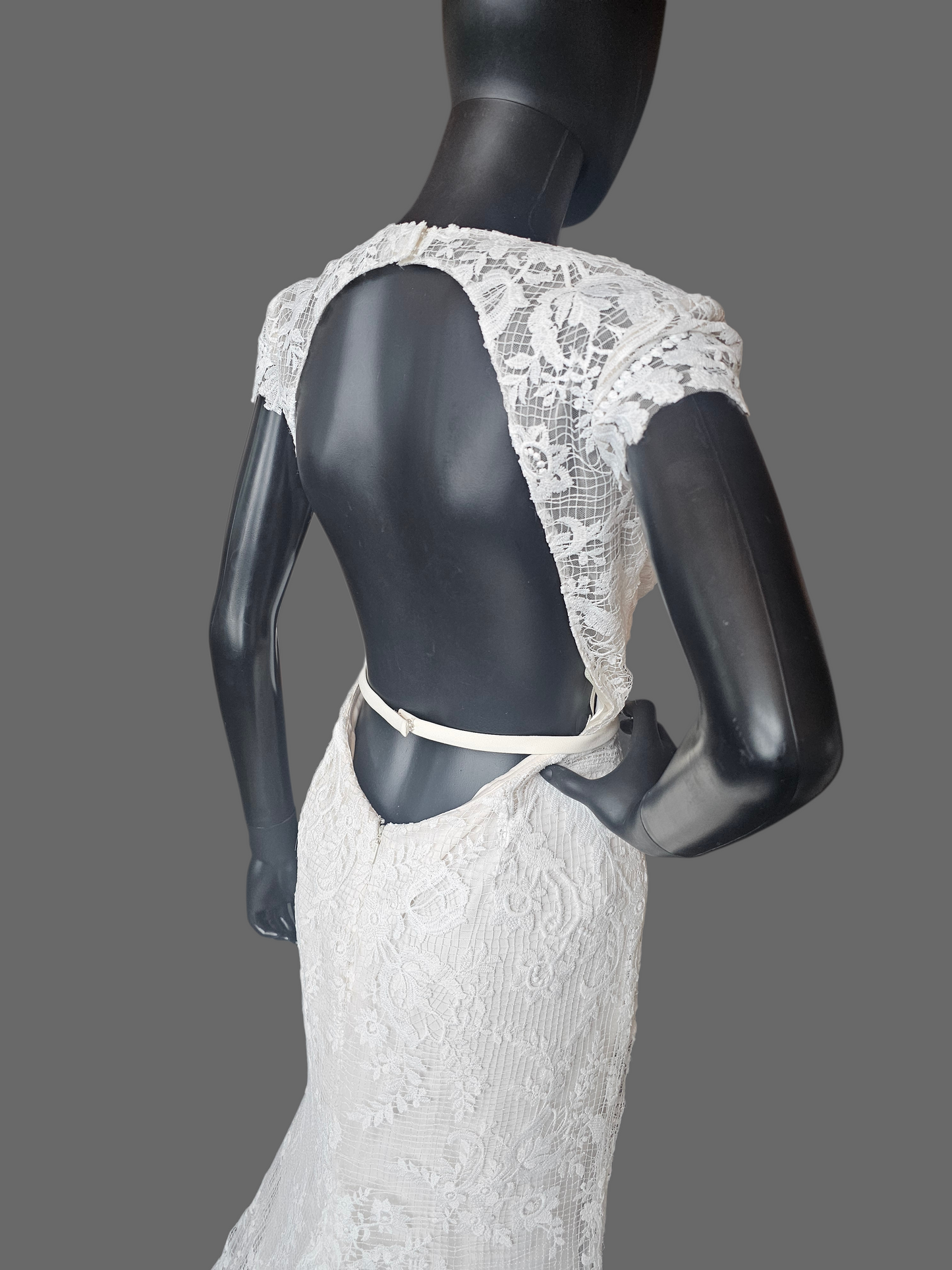 Ivory Open Weave Lace Cap Sleeve Open Open Back Wedding Gown - Beloved
