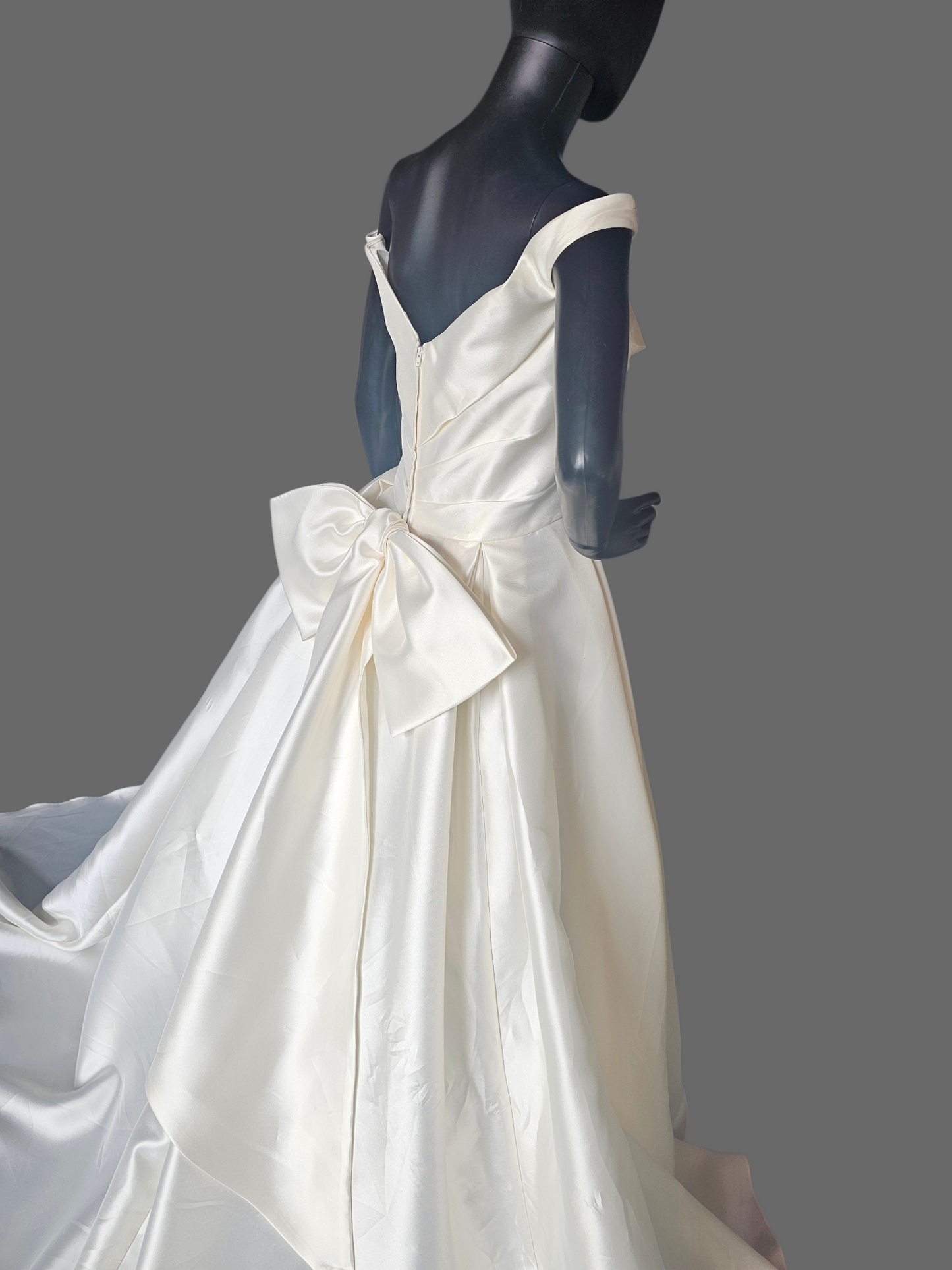 Ivory Mikado Off Shoulder  A-Line Wedding Gown W/Removable Bow - Ashley + Justin