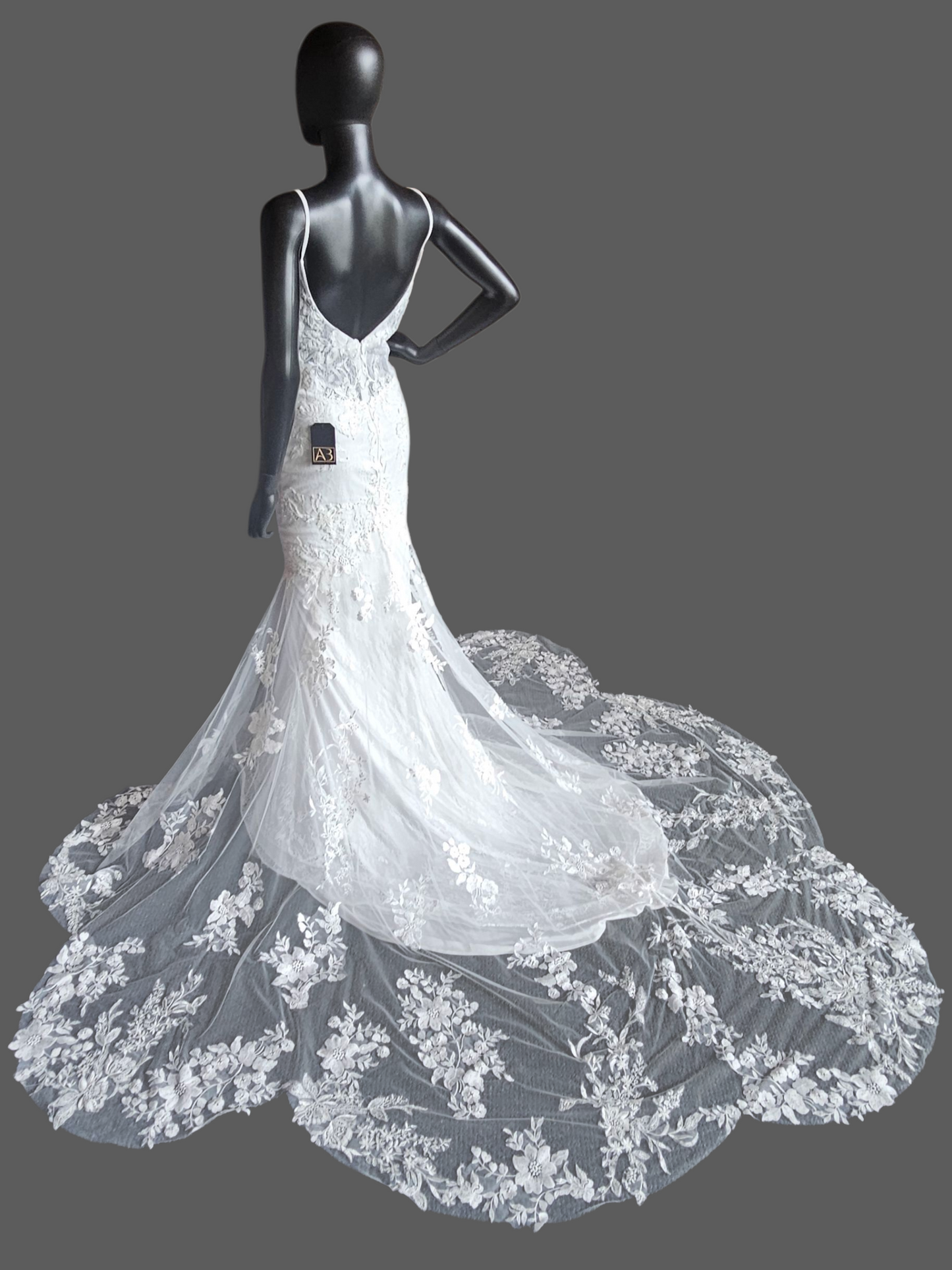 Ivory Fitted Spaghetti Strap Plunge Scallop Train Wedding Gown - Stella Couture