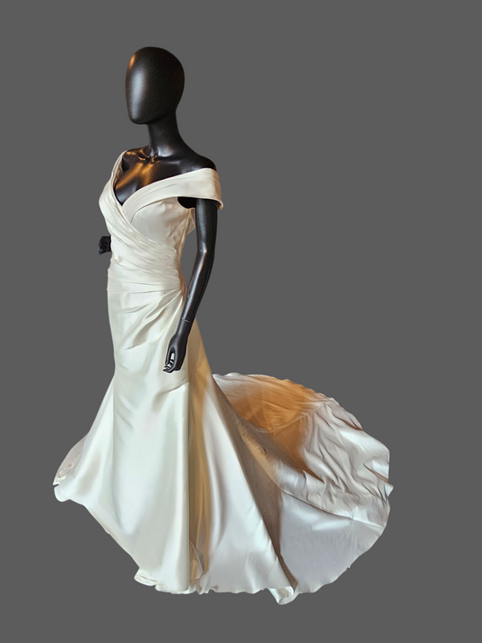 Ivory Mikado Off-Shoulder Fit/Flare Wedding Gown NWOT - Mori Lee