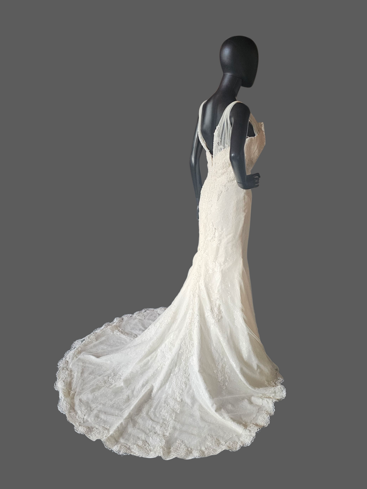 Dark Ivory Lace Fit/Flare V-Neck Wedding Gown - Pronovias