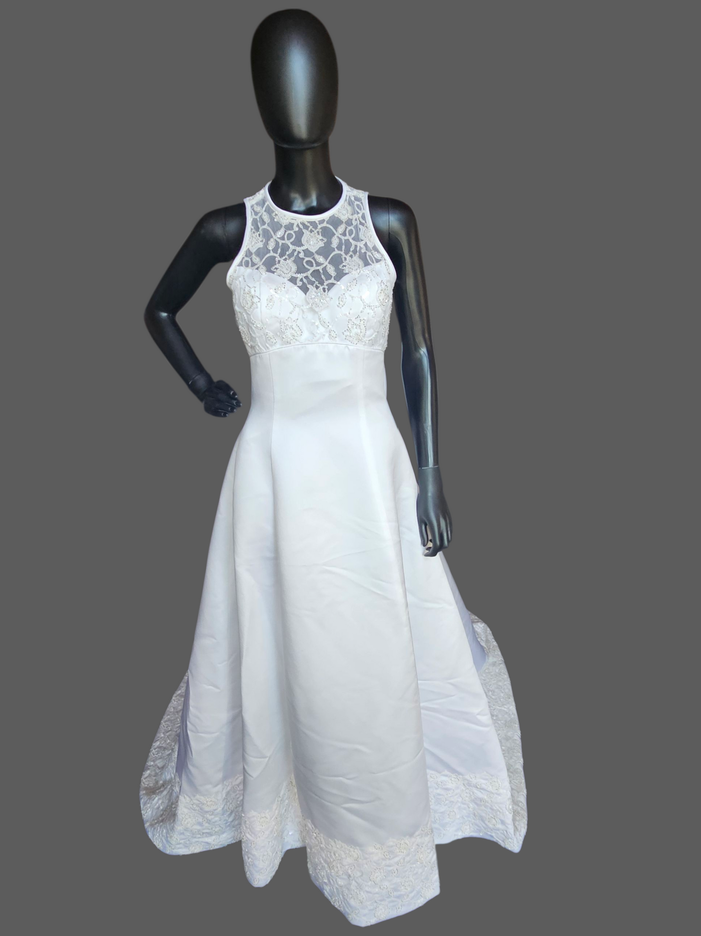 Vintage Halter Illusion Tulip Beaded Hem White Satin Wedding Dress - Venus