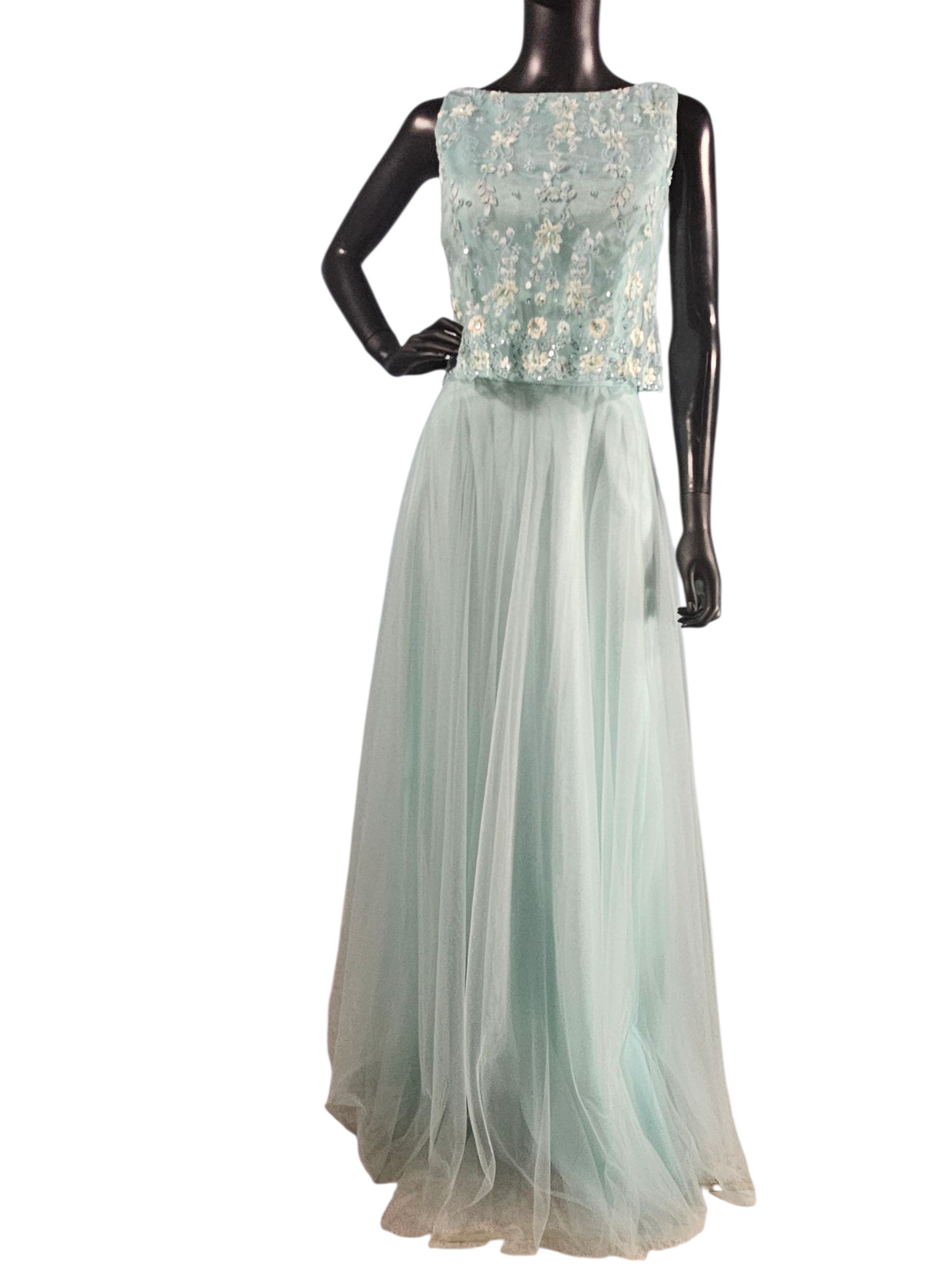 Mint Lace Bodice Full Length Formal A-Line Dress - Mori Lee