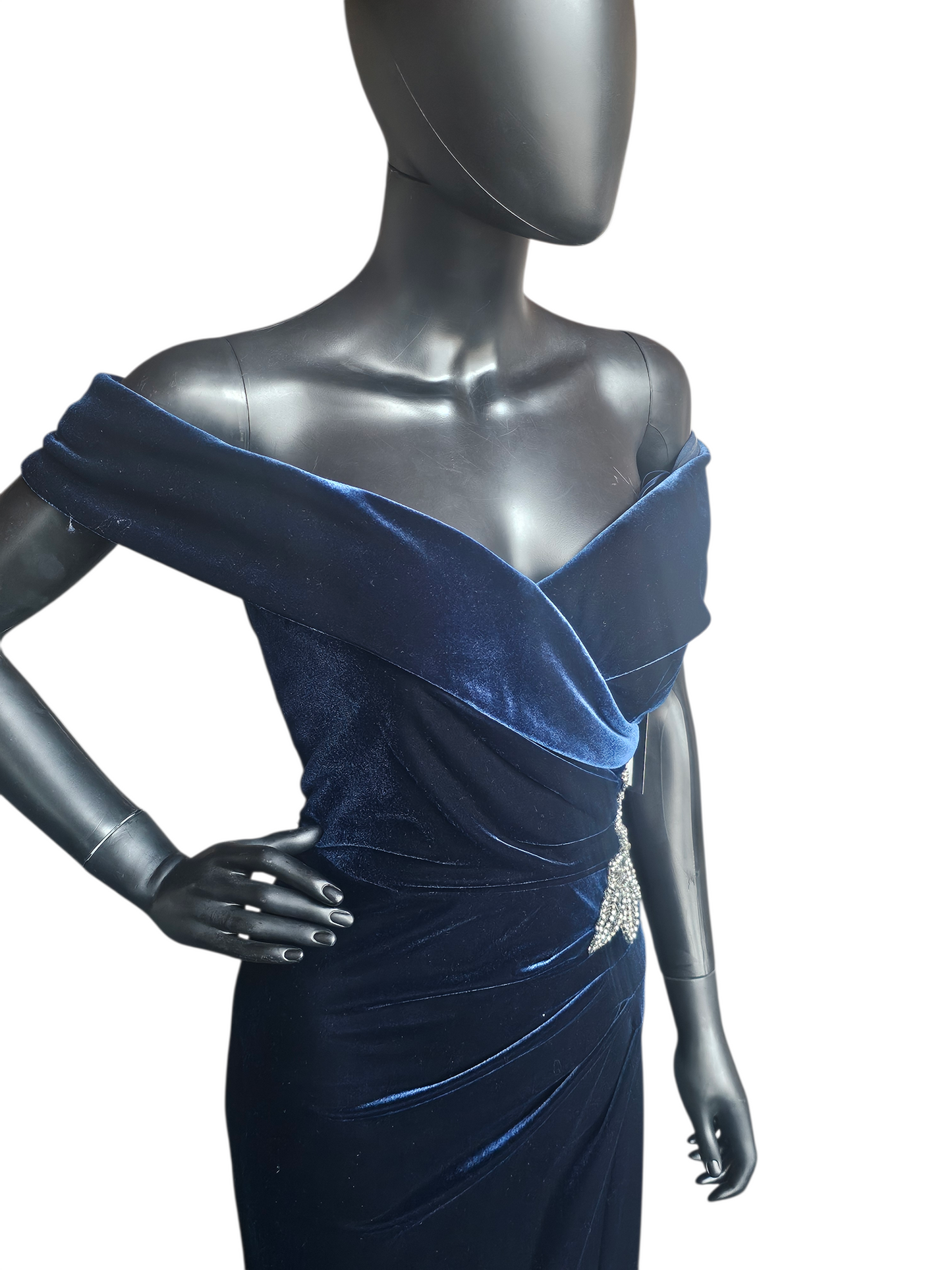 Navy Velvet Off Shoulder Formal Dress - Alex Evenings