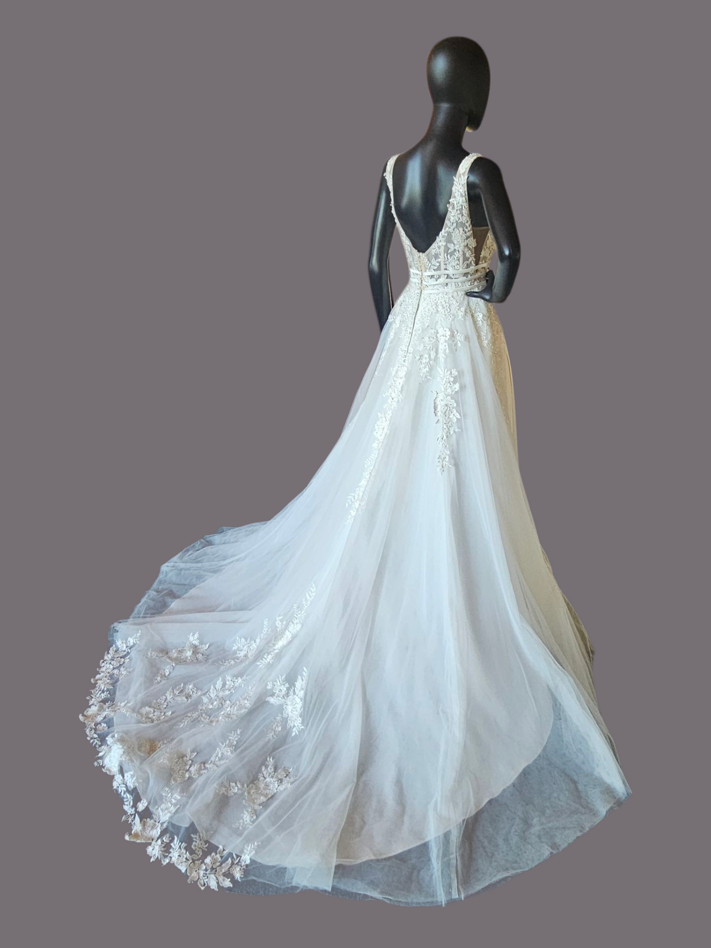 Ivory A-Line Illusion Bodice Floral Applique Wedding Gown - Bliss Bridal