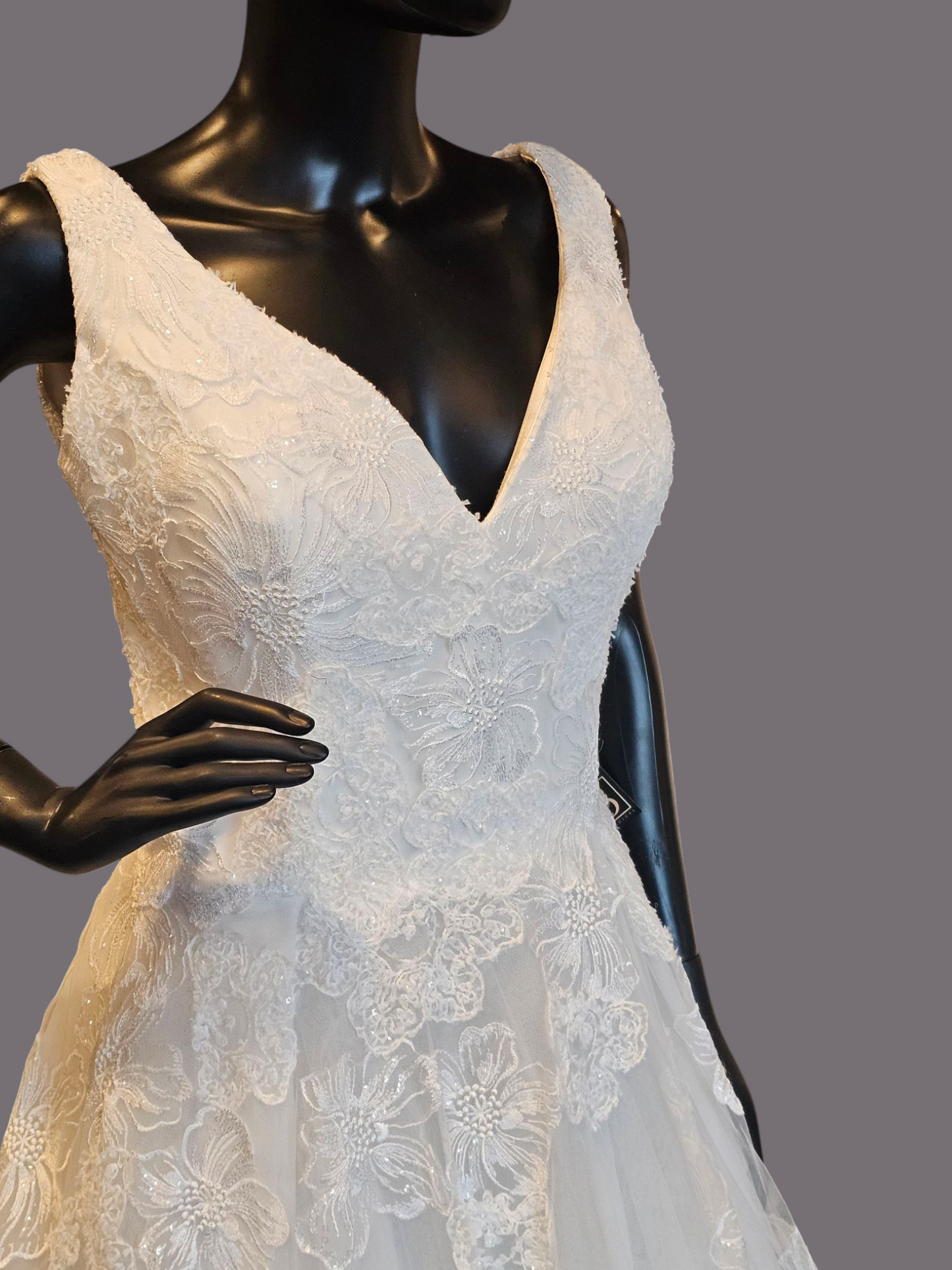 Ivory V-Neck Full Skirt Large Scale Floral Embellished Wedding Gown - Adrianna Papell