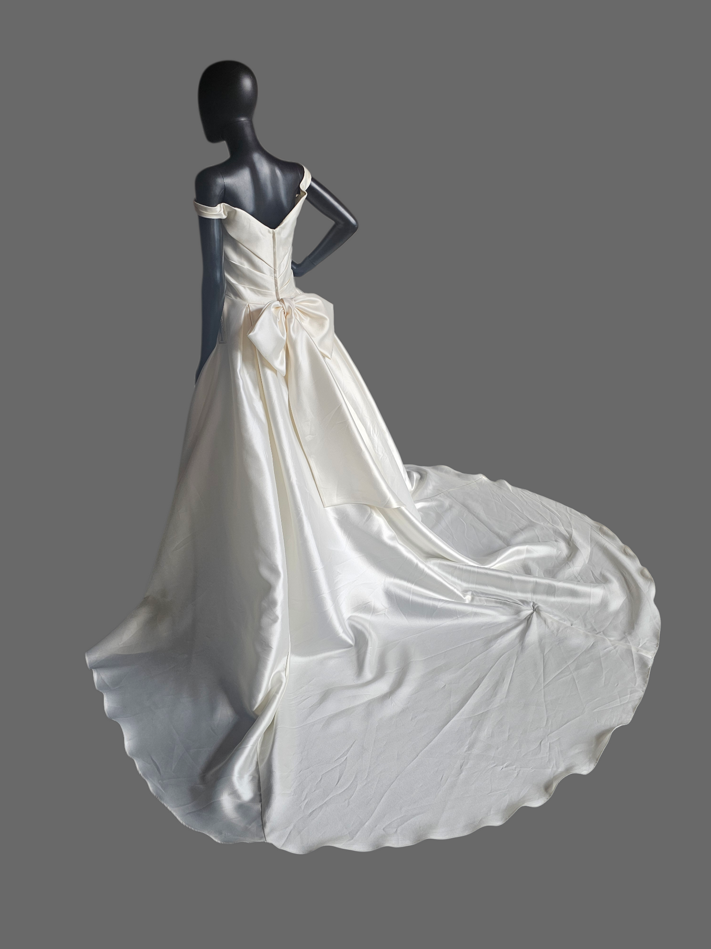 Ivory Mikado Off Shoulder  A-Line Wedding Gown W/Removable Bow - Ashley + Justin