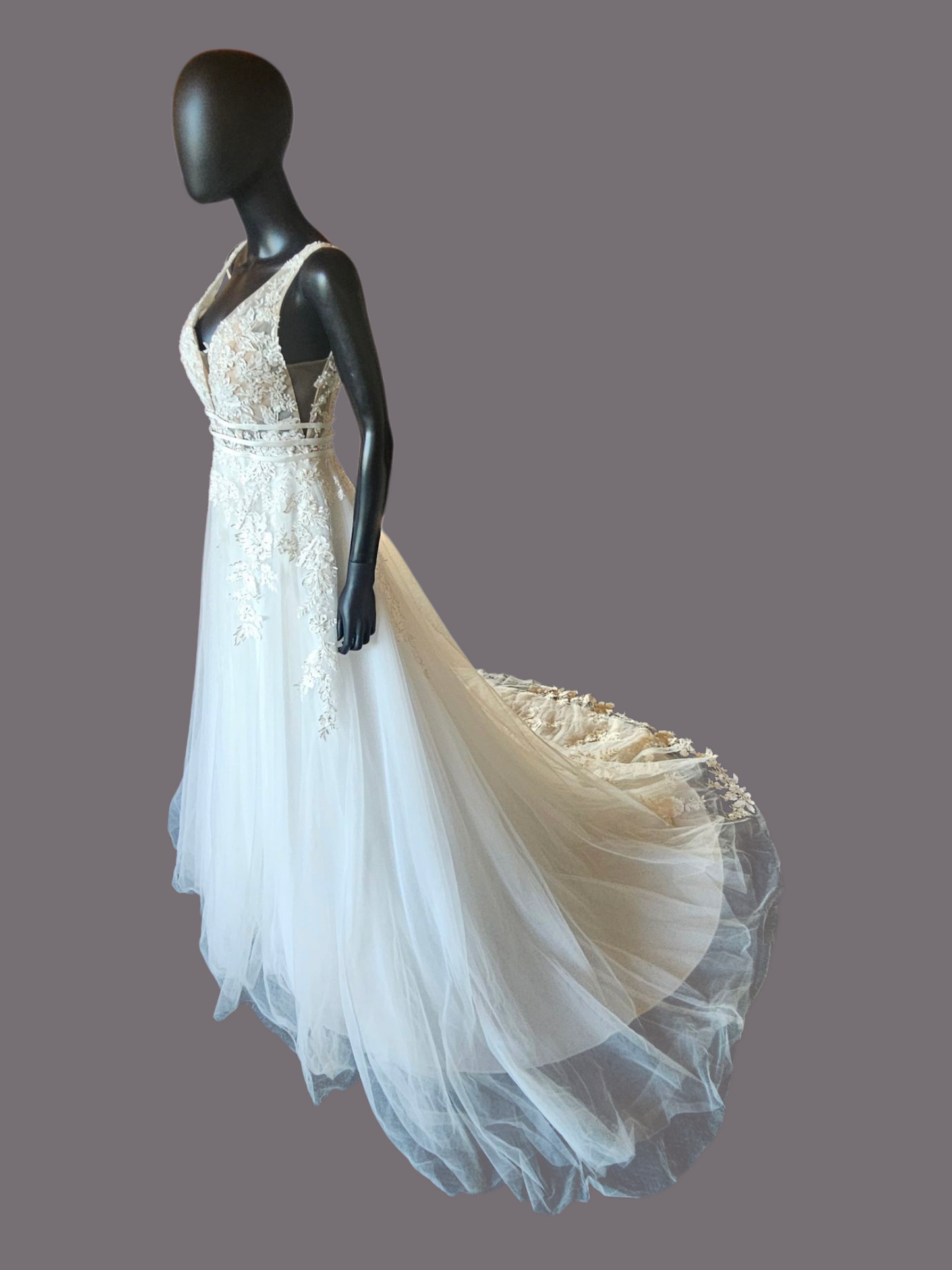 Ivory A-Line Illusion Bodice Floral Applique Wedding Gown - Bliss Bridal