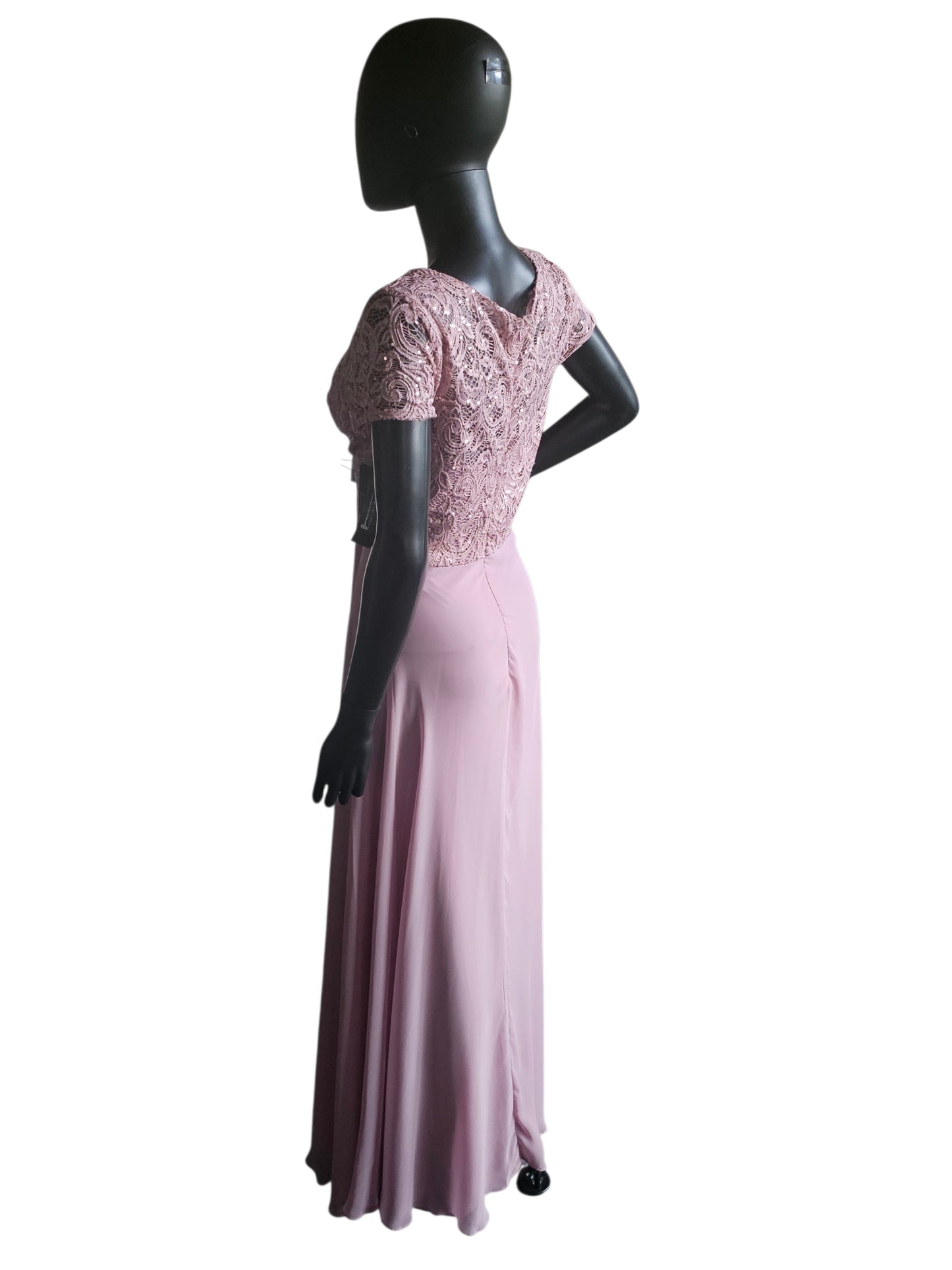 Mauve Beaded Belt/Lace Details Cap Sleeve Crew Neck Full Length Formal Dress - Jackie Jon