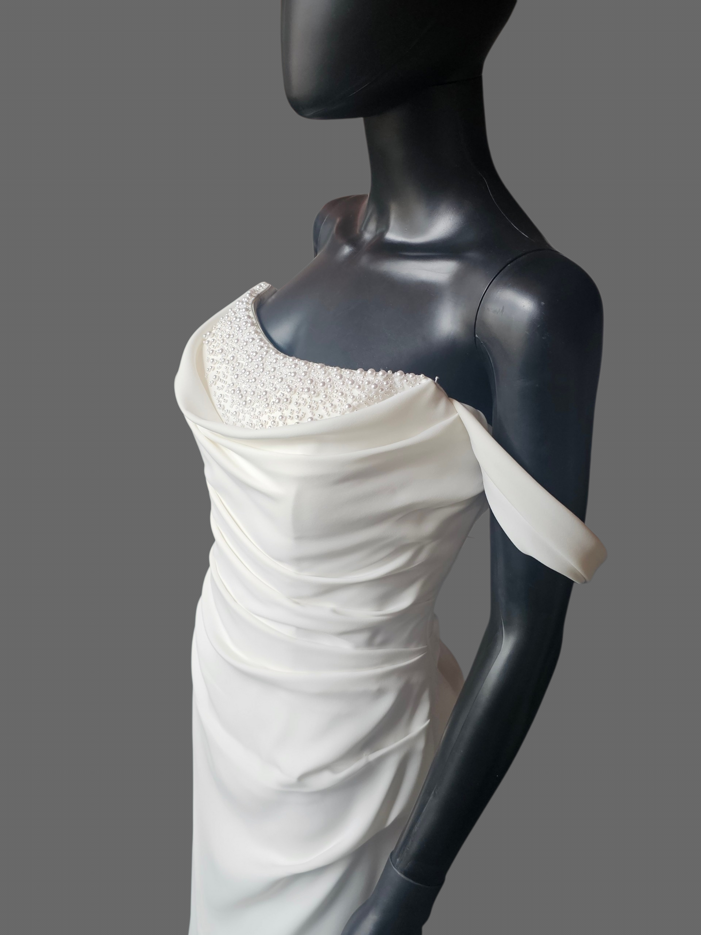 Minimalist Ivory Crepe Side Sweep Pearl Accent Wedding Gown - Martina Liana