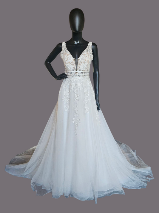 Ivory A-Line Illusion Bodice Floral Applique Wedding Gown - Bliss Bridal