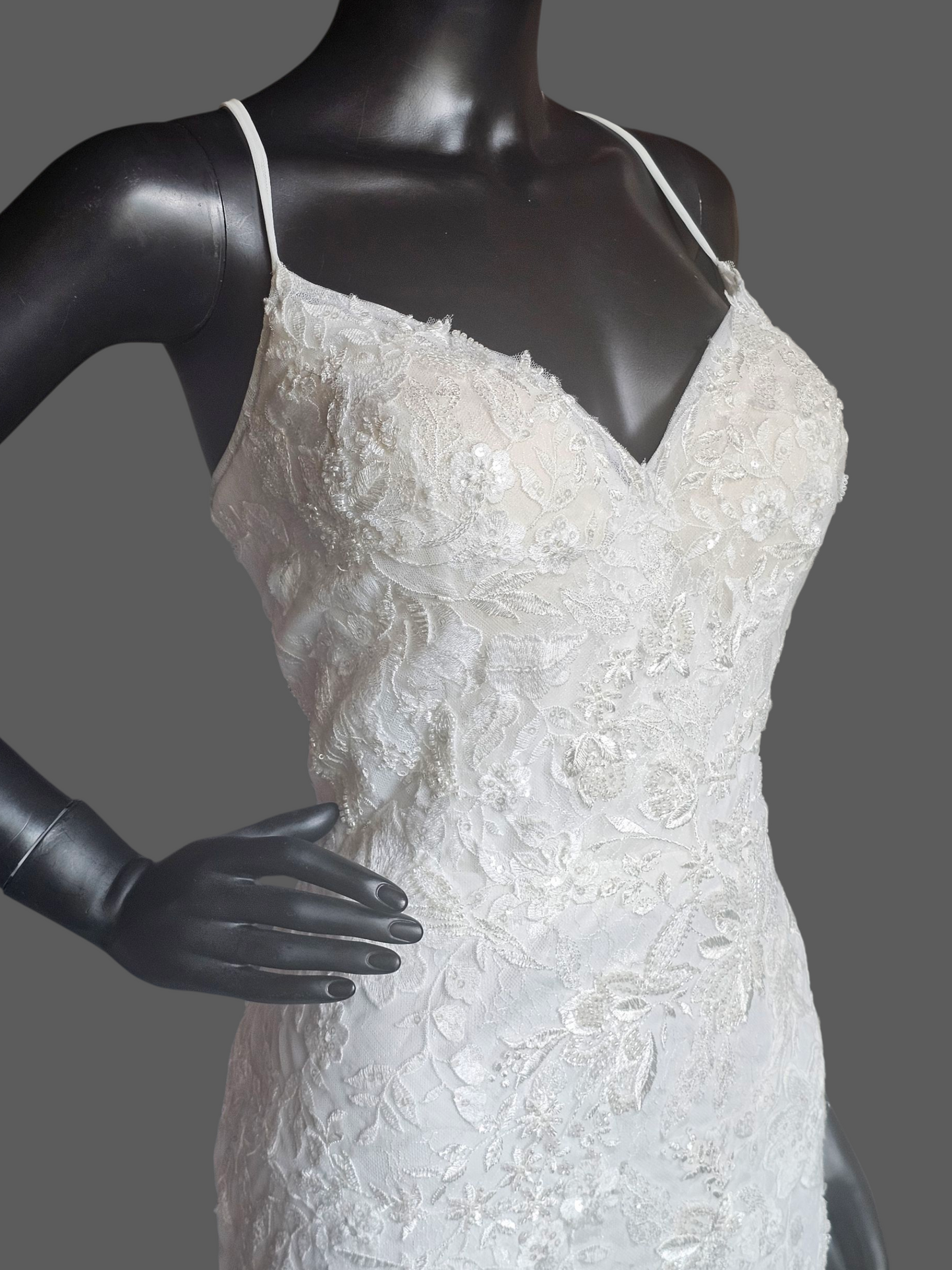 Ivory Fitted Spaghetti Strap Plunge Scallop Train Wedding Gown - Stella Couture