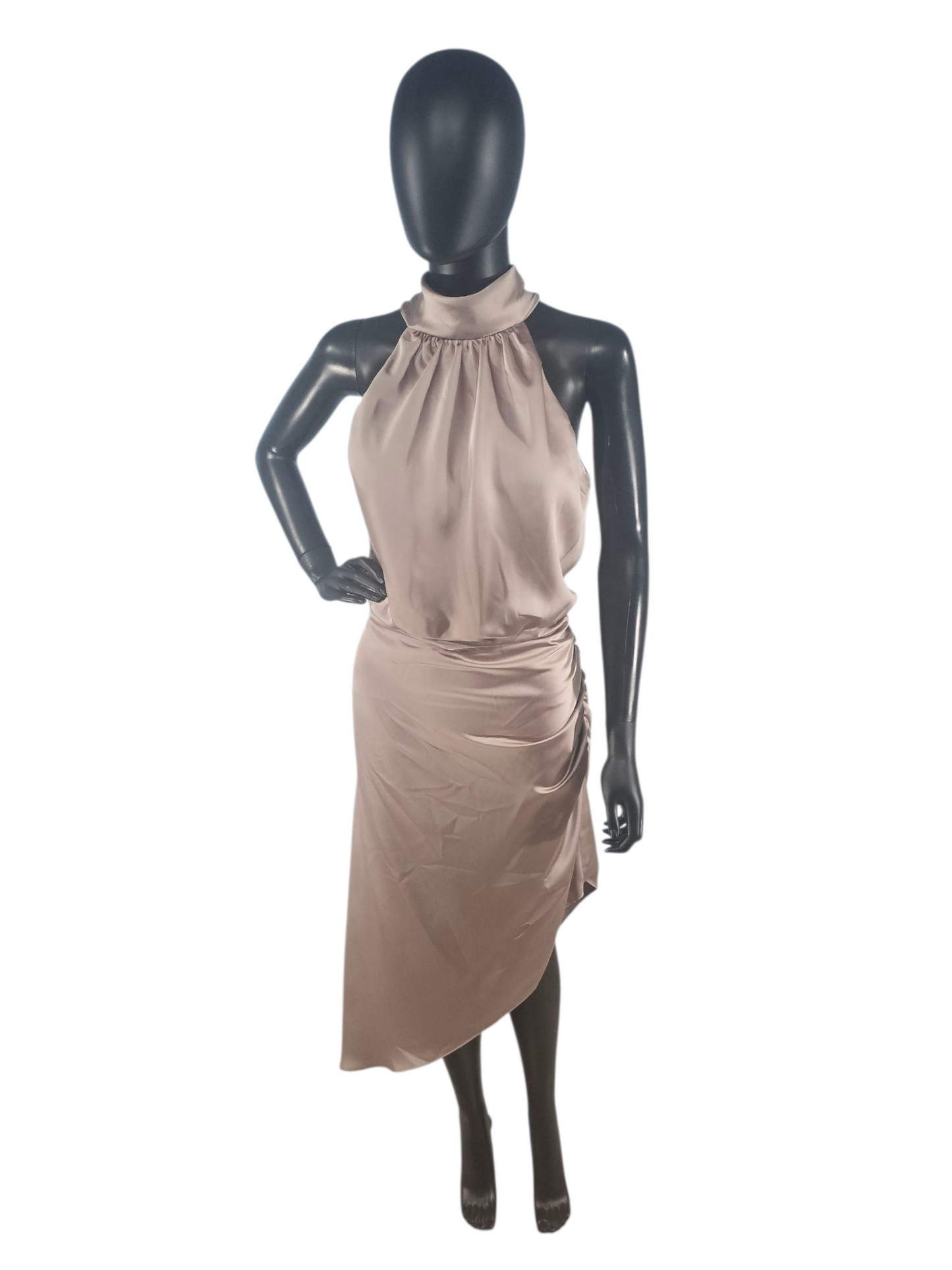 Latte Charmeuse Mock Neck Asymmetrical Cocktail Dress - Mori Lee