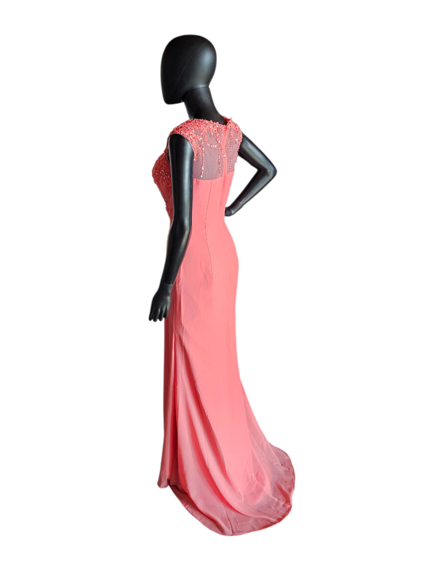Coral Fitted Beaded Formal Maxi Dress - Hebeos