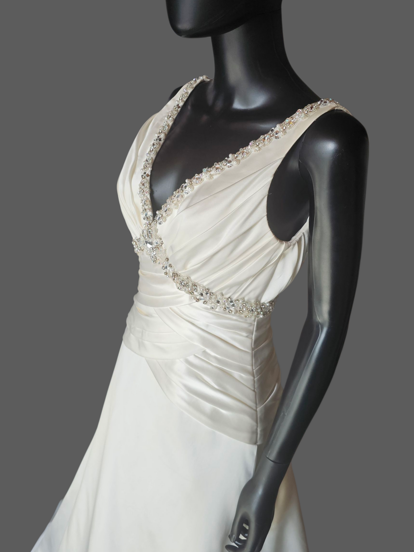 Ivory Satin V-Neck Jewel Detail A-Line Wedding Gown - Mori Lee