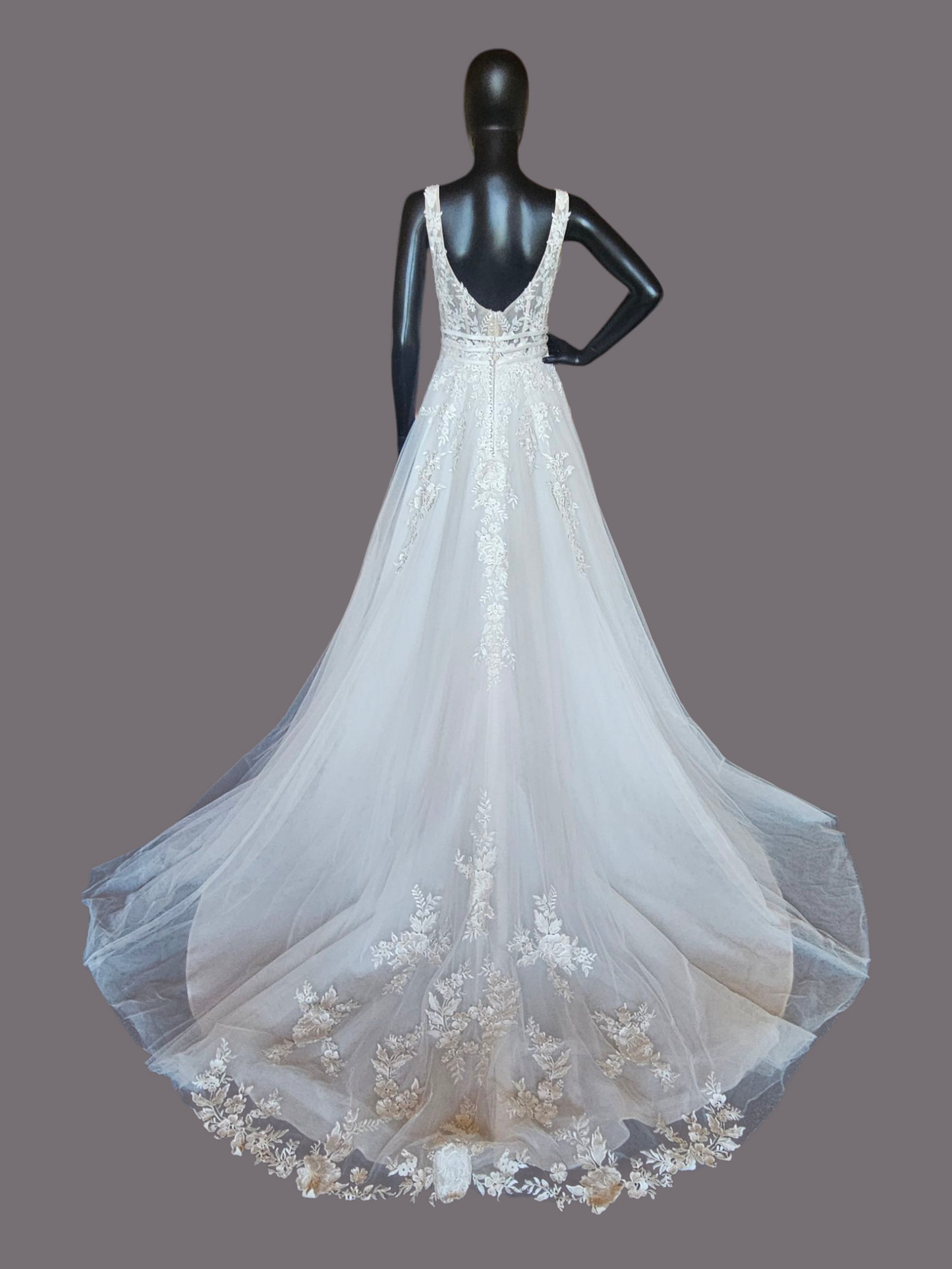 Ivory A-Line Illusion Bodice Floral Applique Wedding Gown - Bliss Bridal