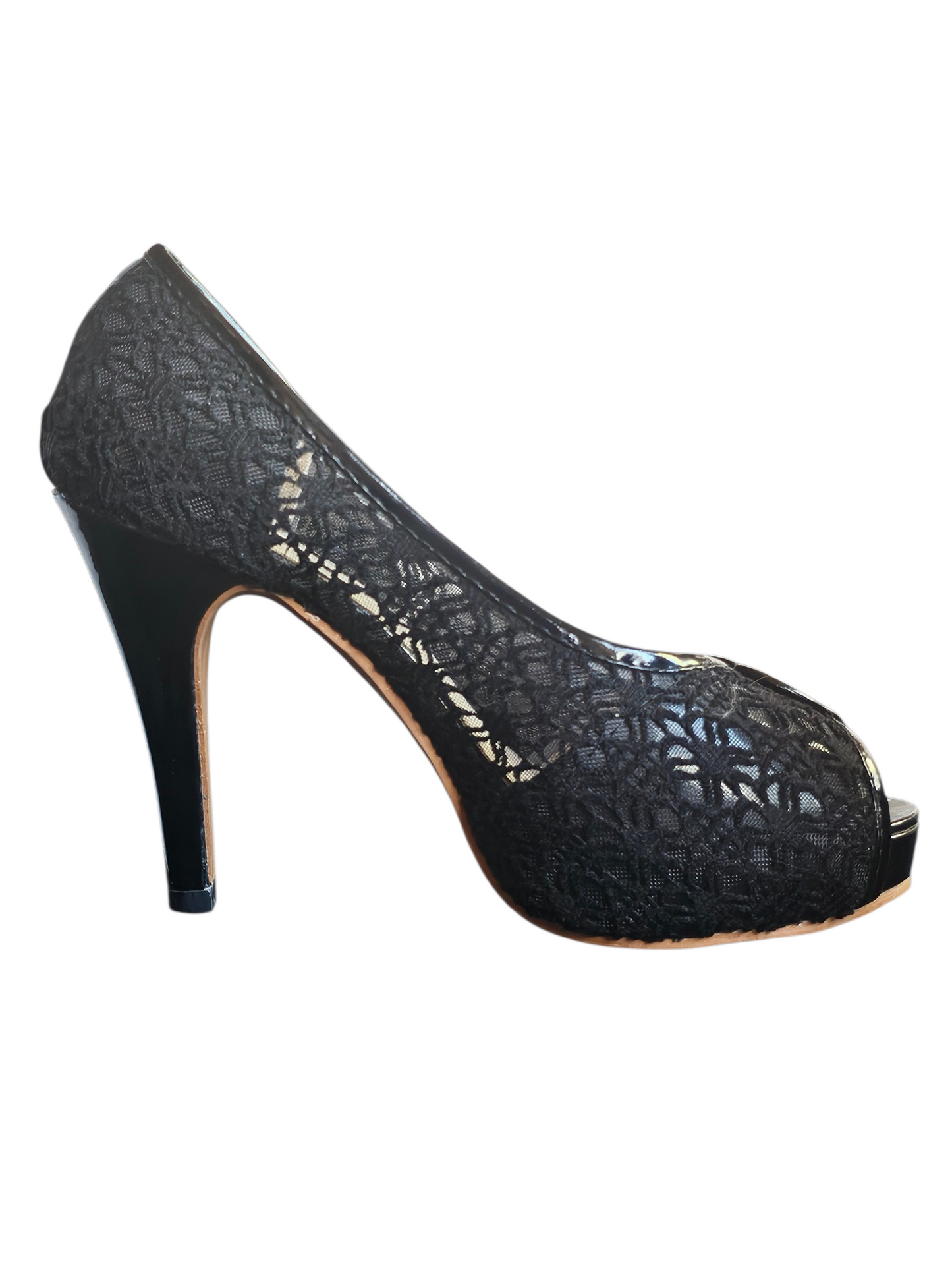 Black Lace Open Toe Platform Heel Shoe