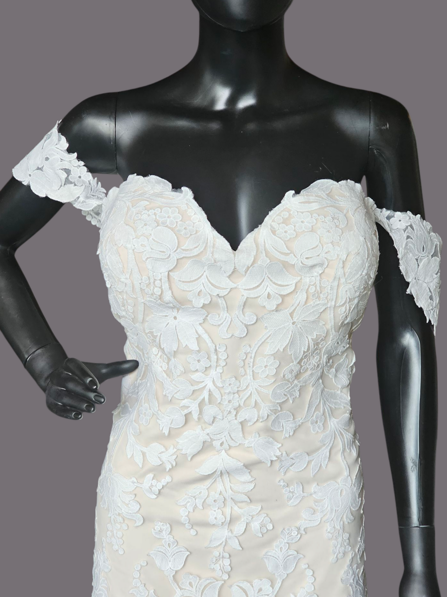 Ivory/Champ Floral Lace Off Shoulder Wedding Gown - Madeline Gardner