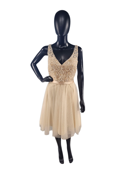 Champagne V-Neck Embroidered Formal Dress - Mori Lee