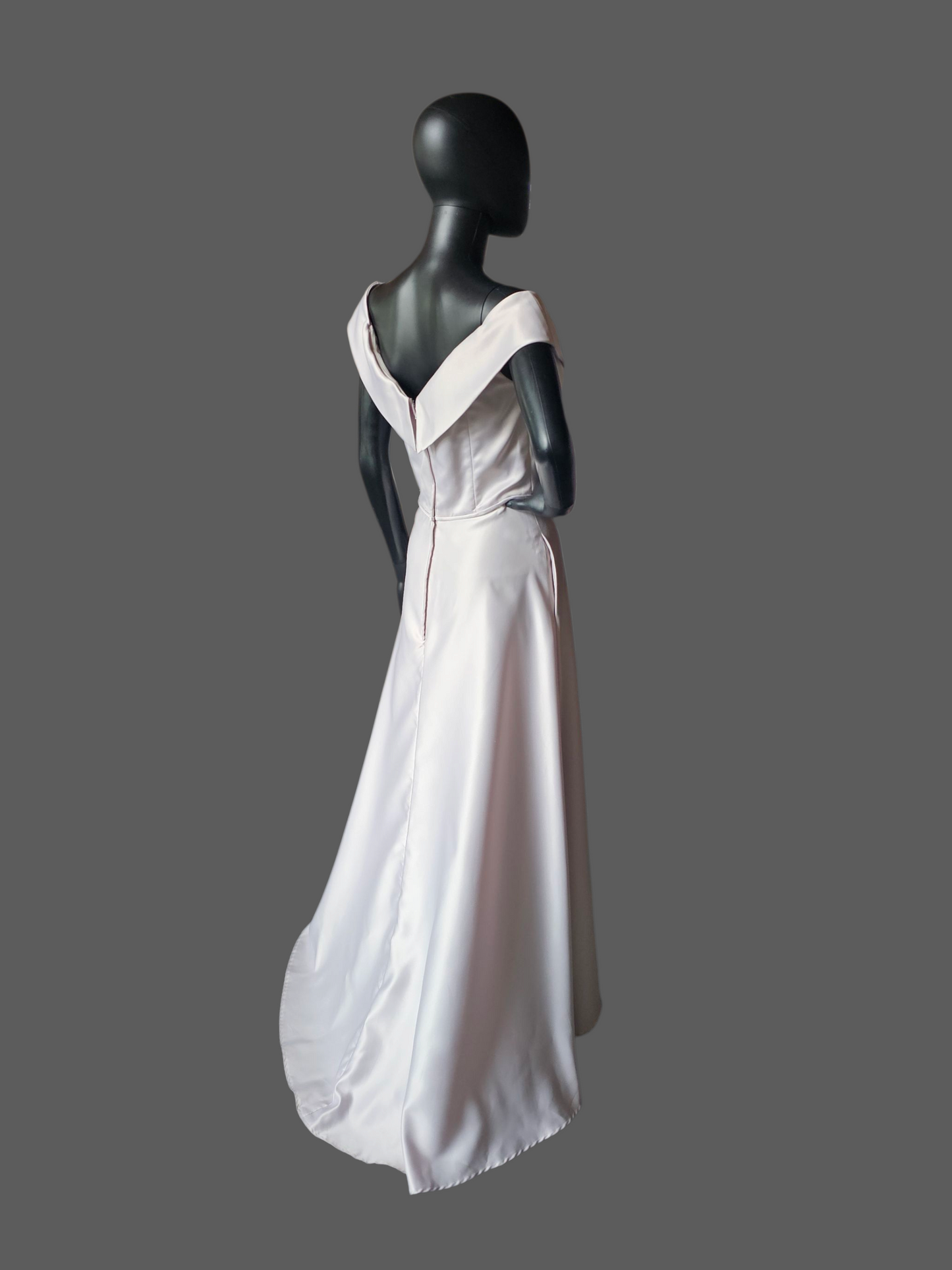 Dew Drop (Silver) Off Shoulder Satin Full Length A-Line Formal Dress - Mori Lee