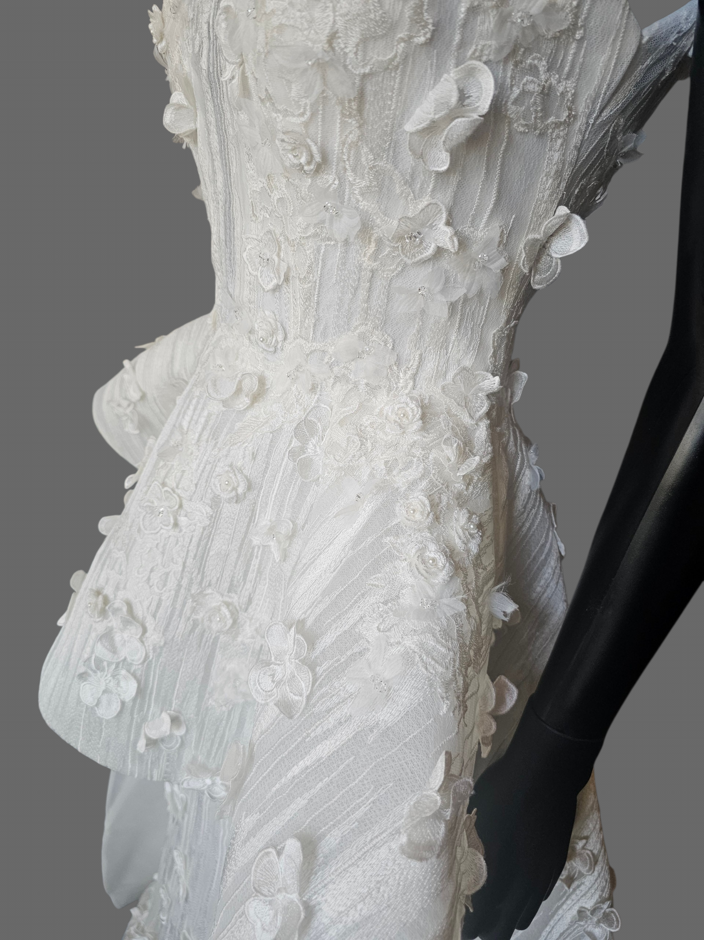 Ivory Structured Wedding Gown 3D Floral Peplum With A Square Neckline And Cap Sleeves - Madison James