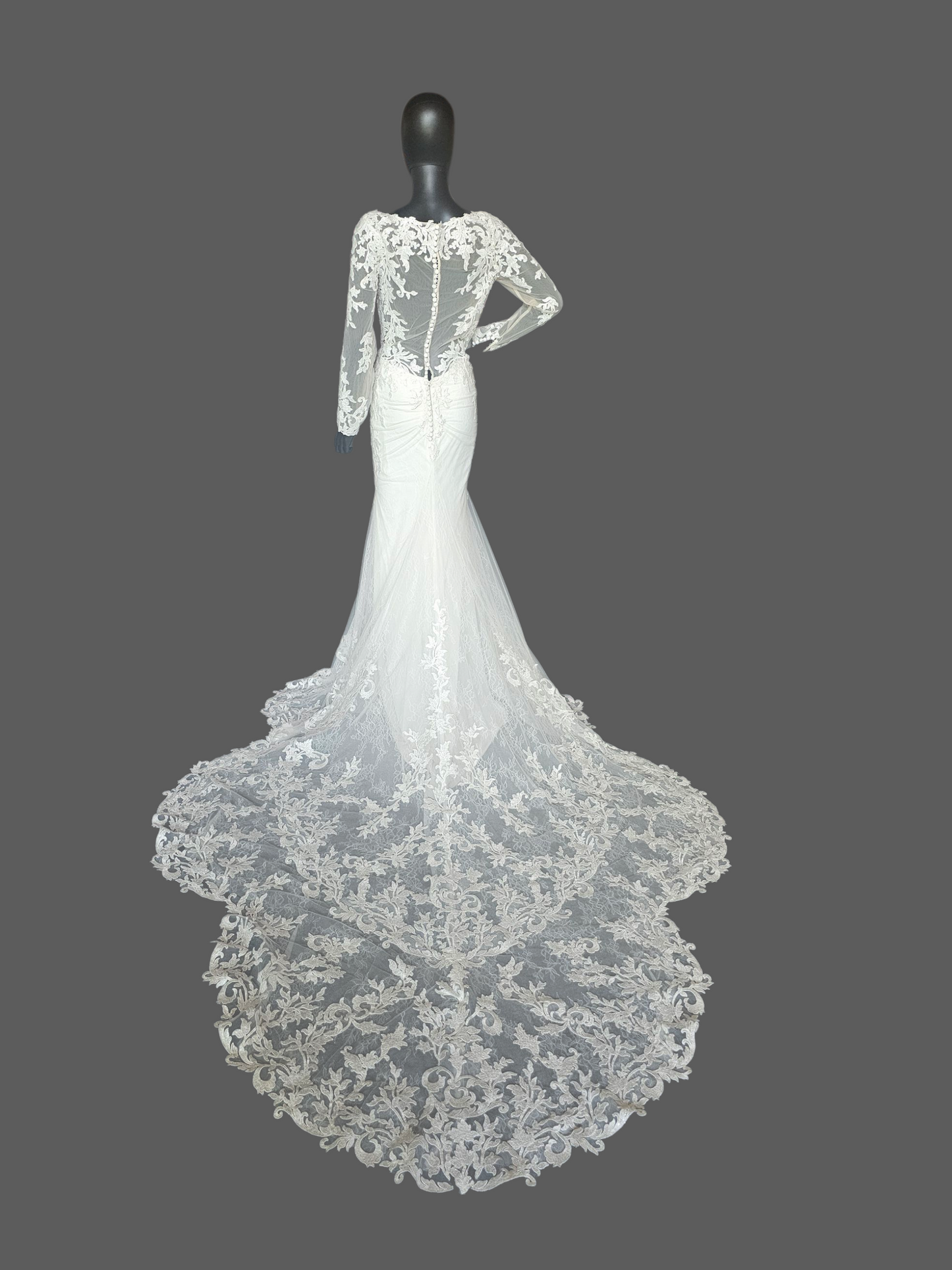 Ivory Lace Overlay Long Sleeve Plunge Fit/Flare Scallop Train Wedding Gown - Mori Lee