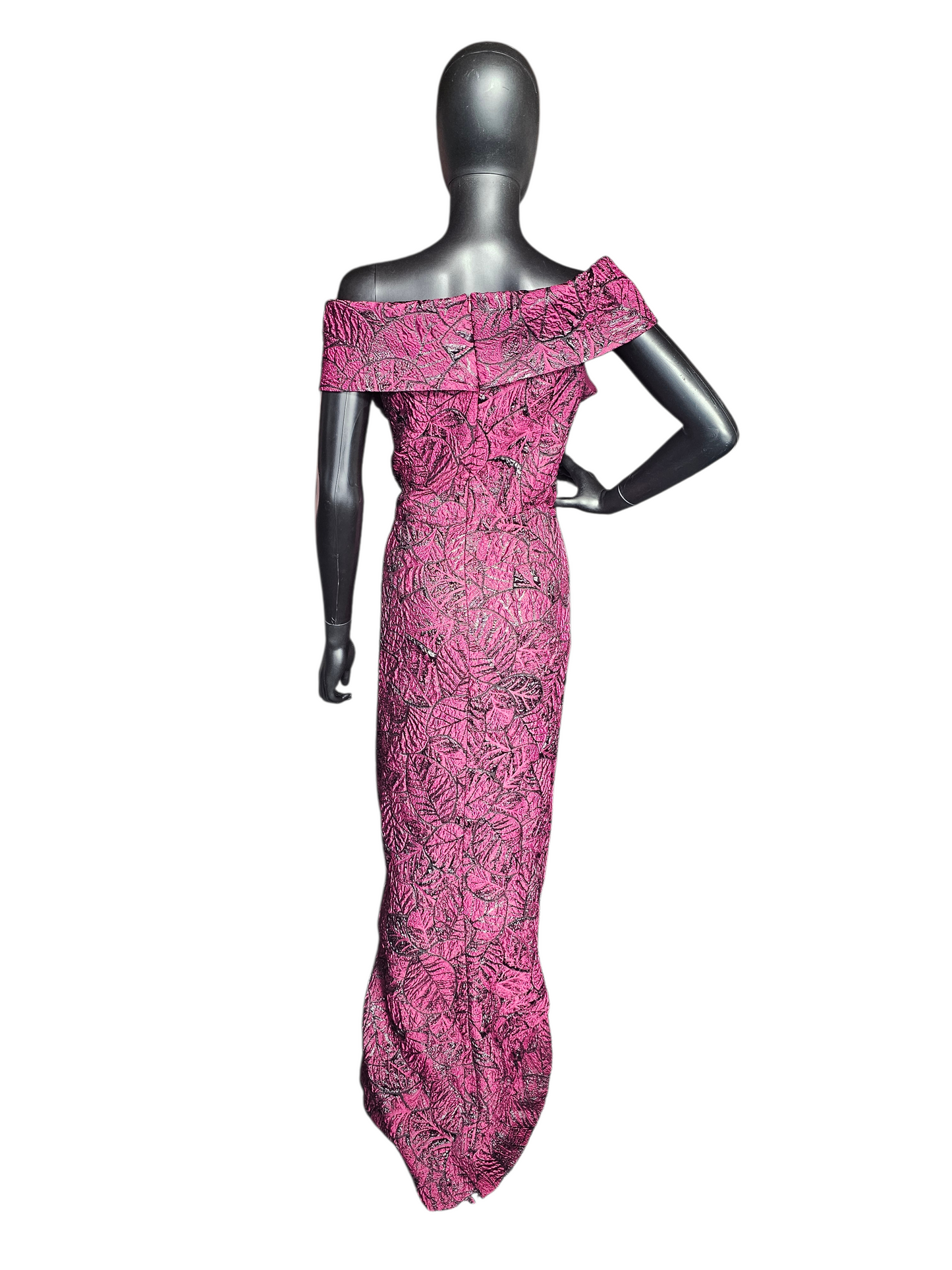 Red/Black Leaf Pattern Jacquard Off Shoulder Formal Dress - Teri Jon