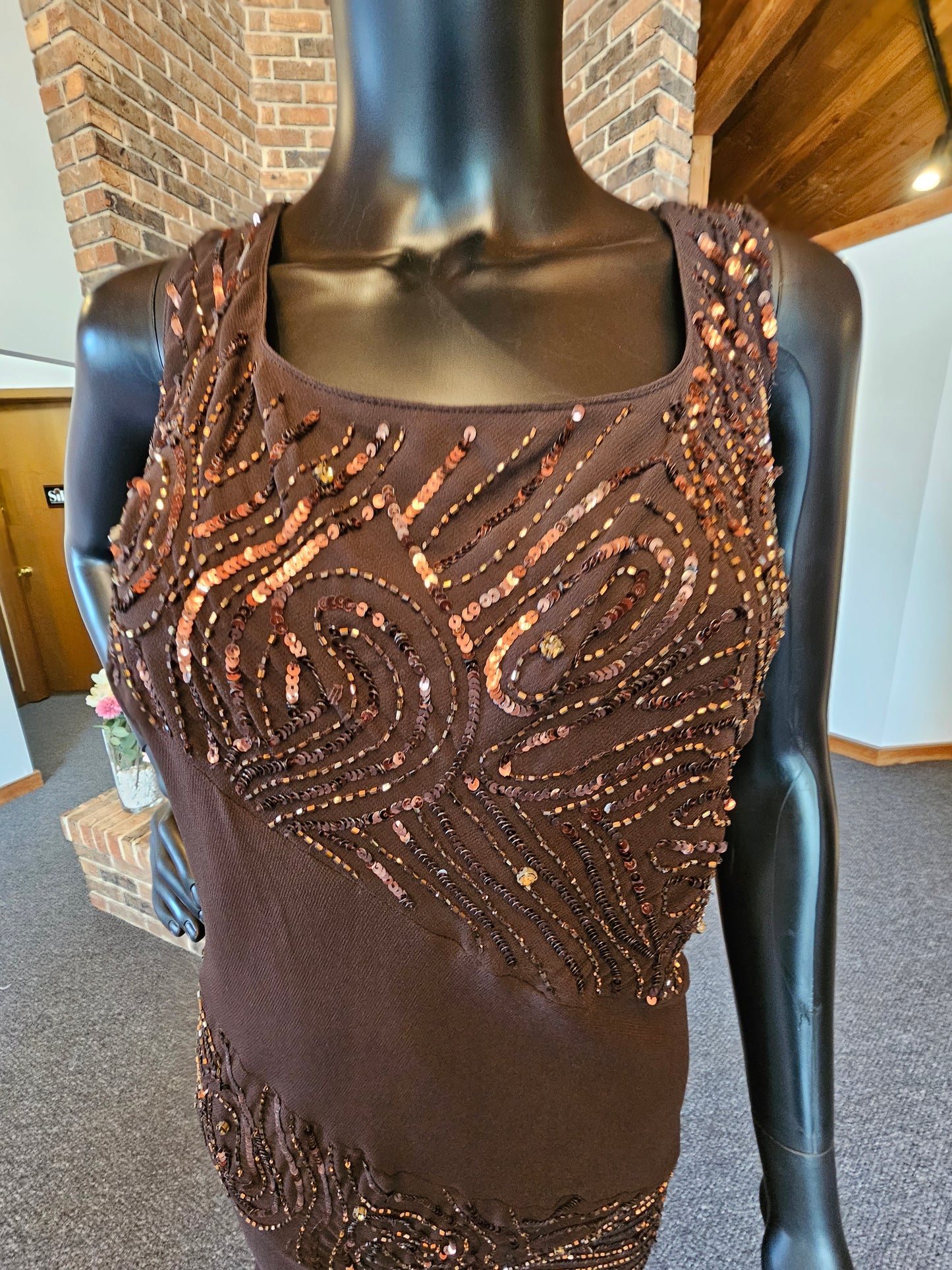 Chocolate Chiffon Sequin Accent Full Length Formal Gown