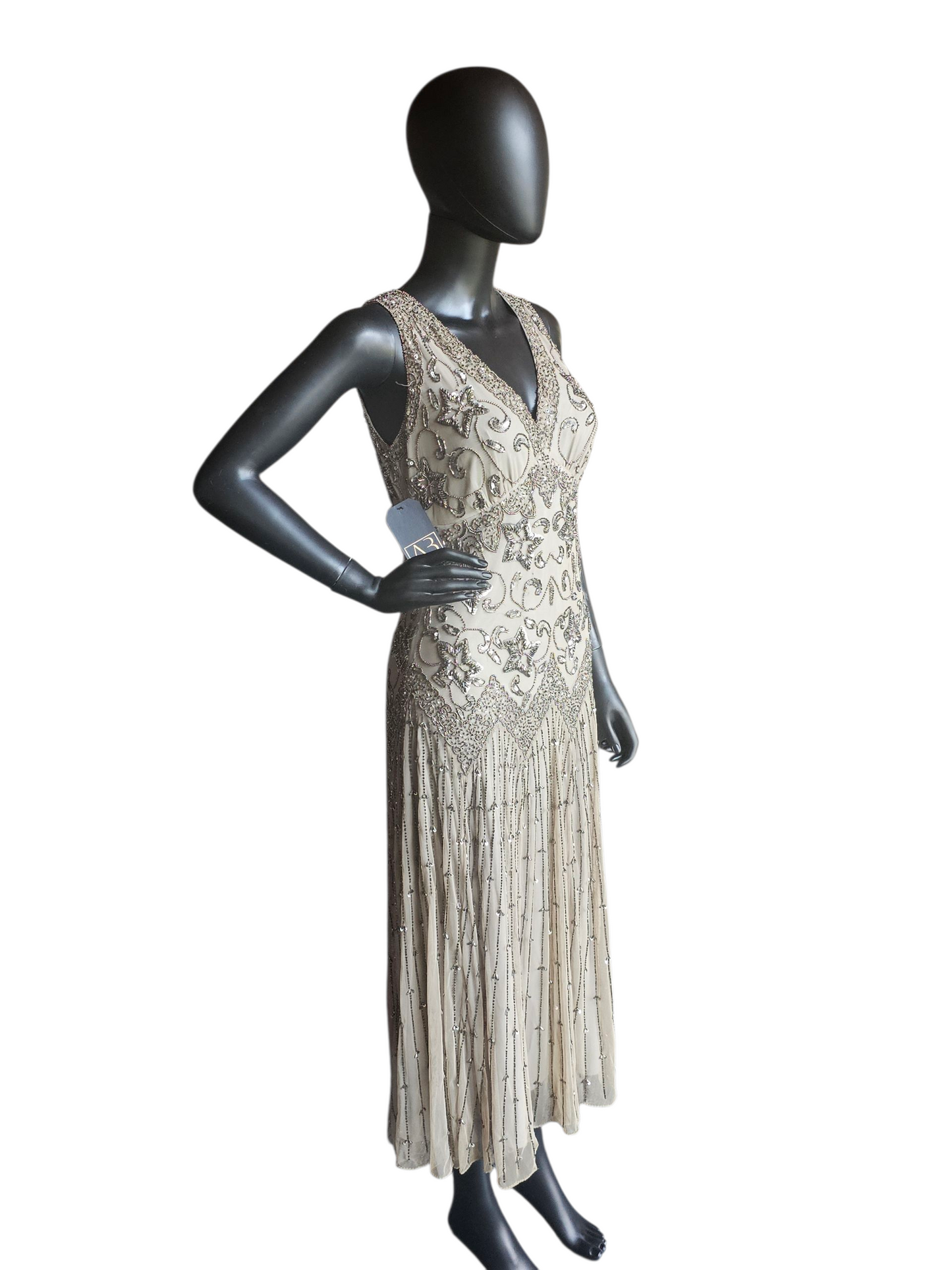 Sage Green/Metallic Beaded Drop Waist Party Dress - Pissaro Nights