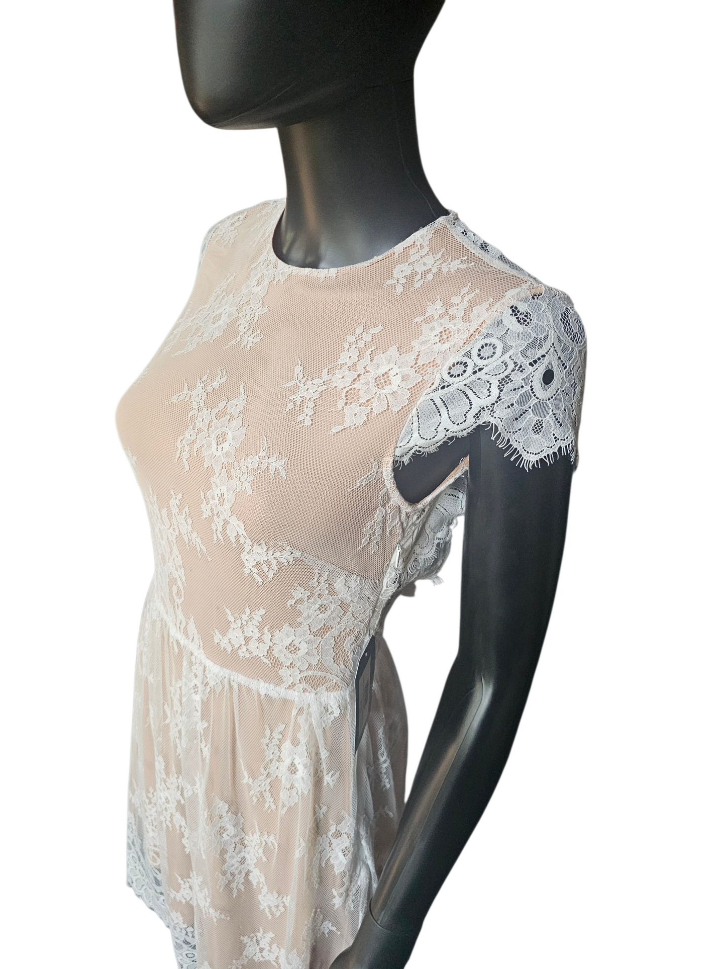 White/Tan Open Back Lace Short Party Dress