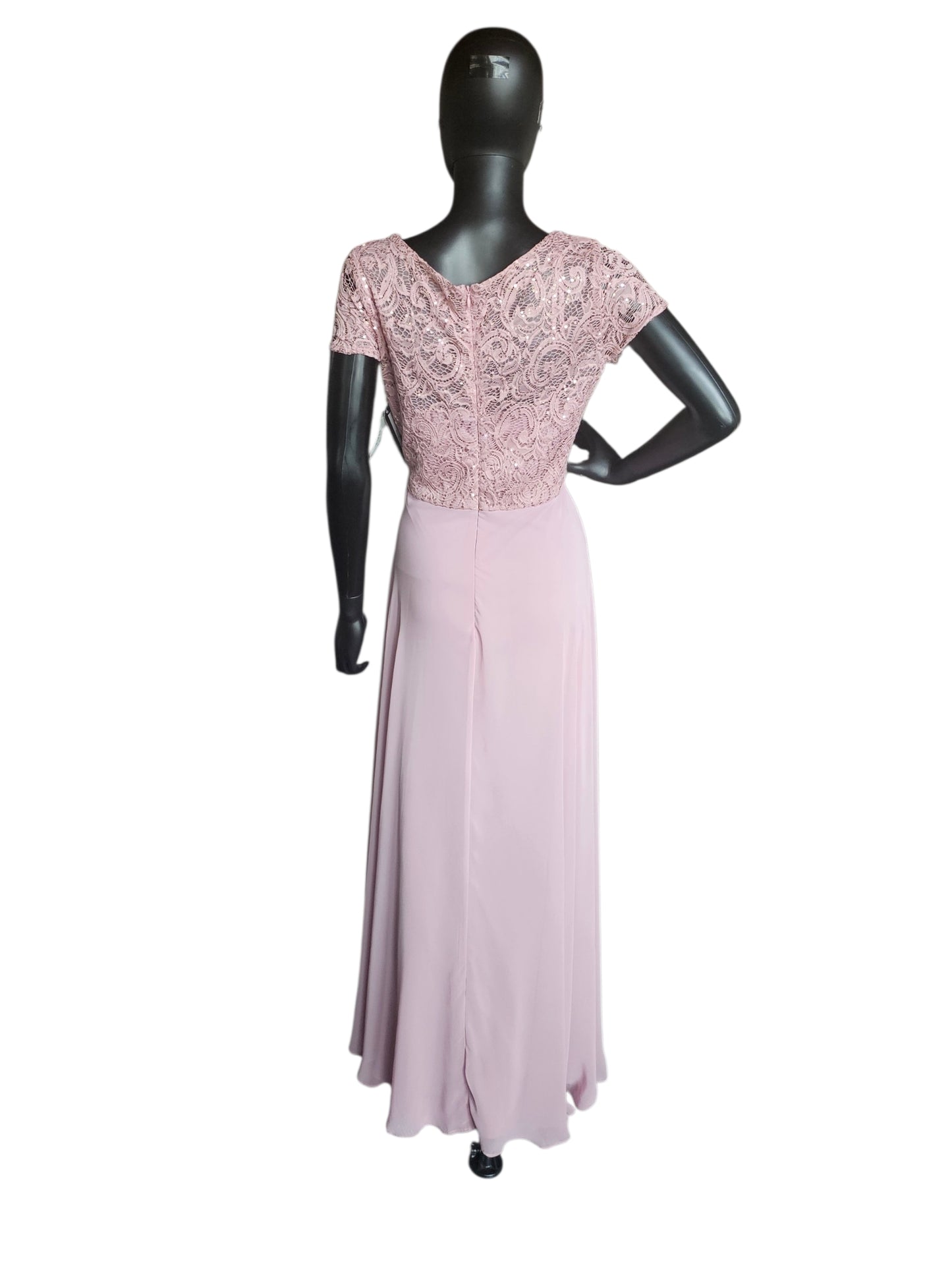 Mauve Beaded Belt/Lace Details Cap Sleeve Crew Neck Full Length Formal Dress - Jackie Jon