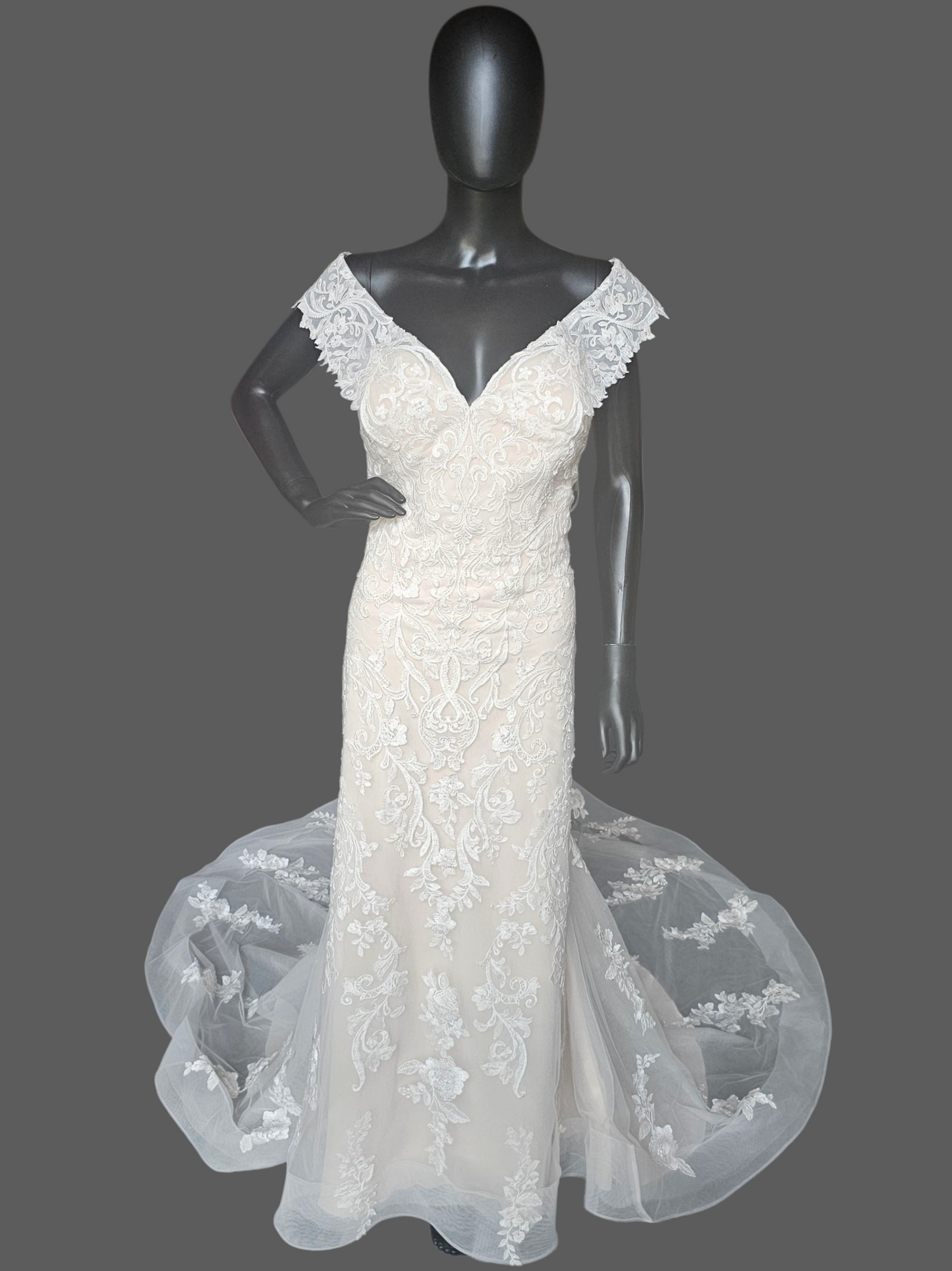 Ivory/Champagne Lace Off Shoulder/Portrait Collar Wedding Gown - Mori Lee