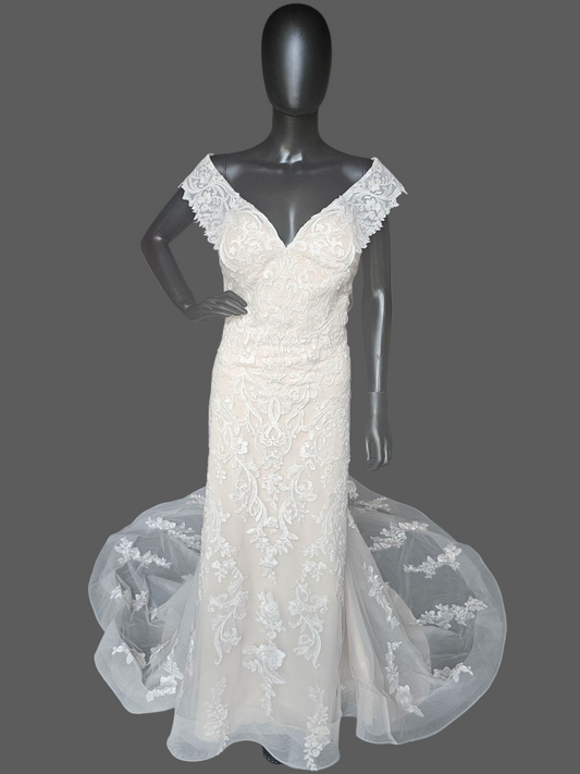 Ivory/Champagne Lace Off Shoulder/Portrait Collar Wedding Gown - Mori Lee