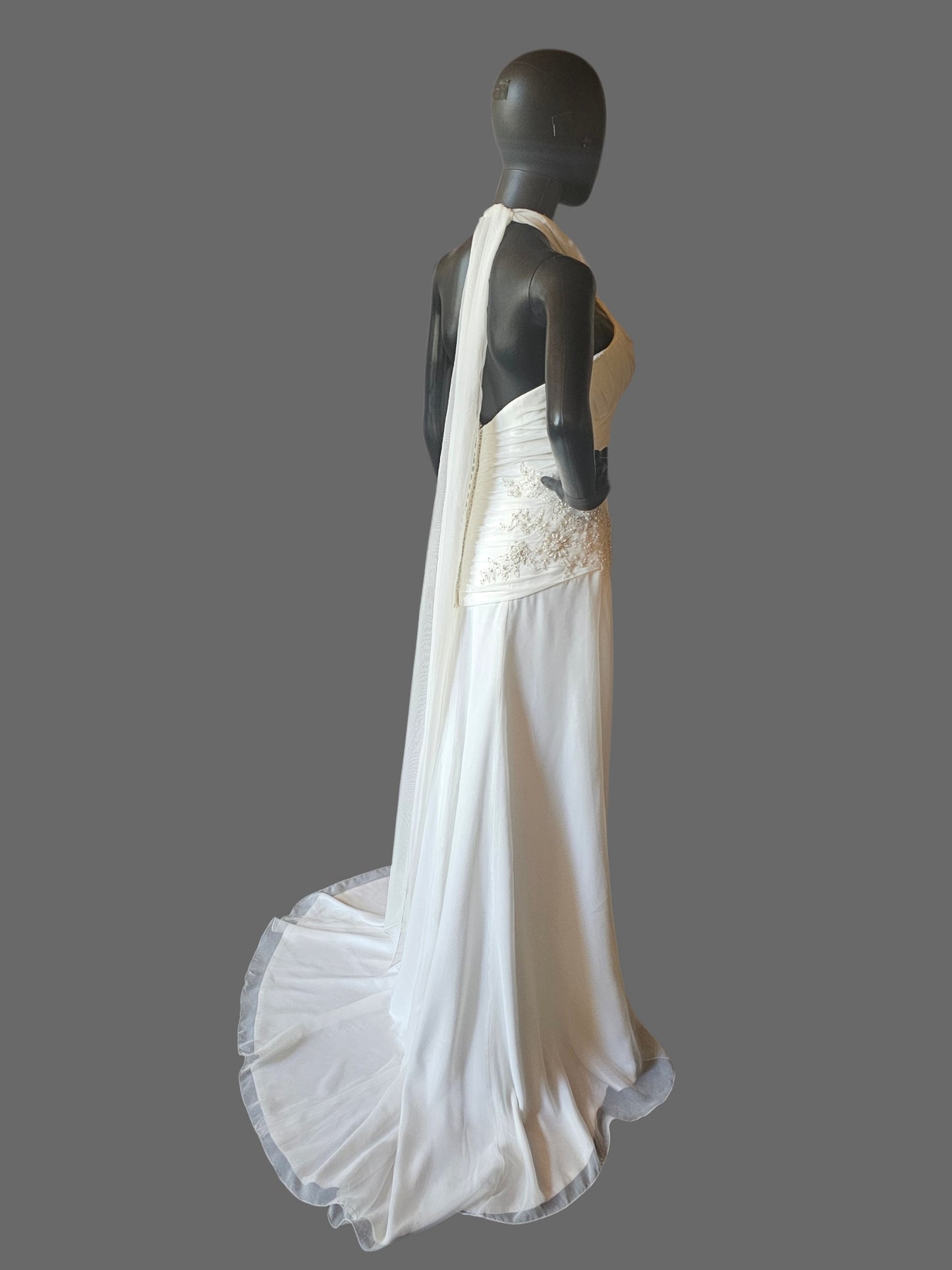 Chiffon Halter Asymmetrical Fit/Flare Beaded Applique - Private Label