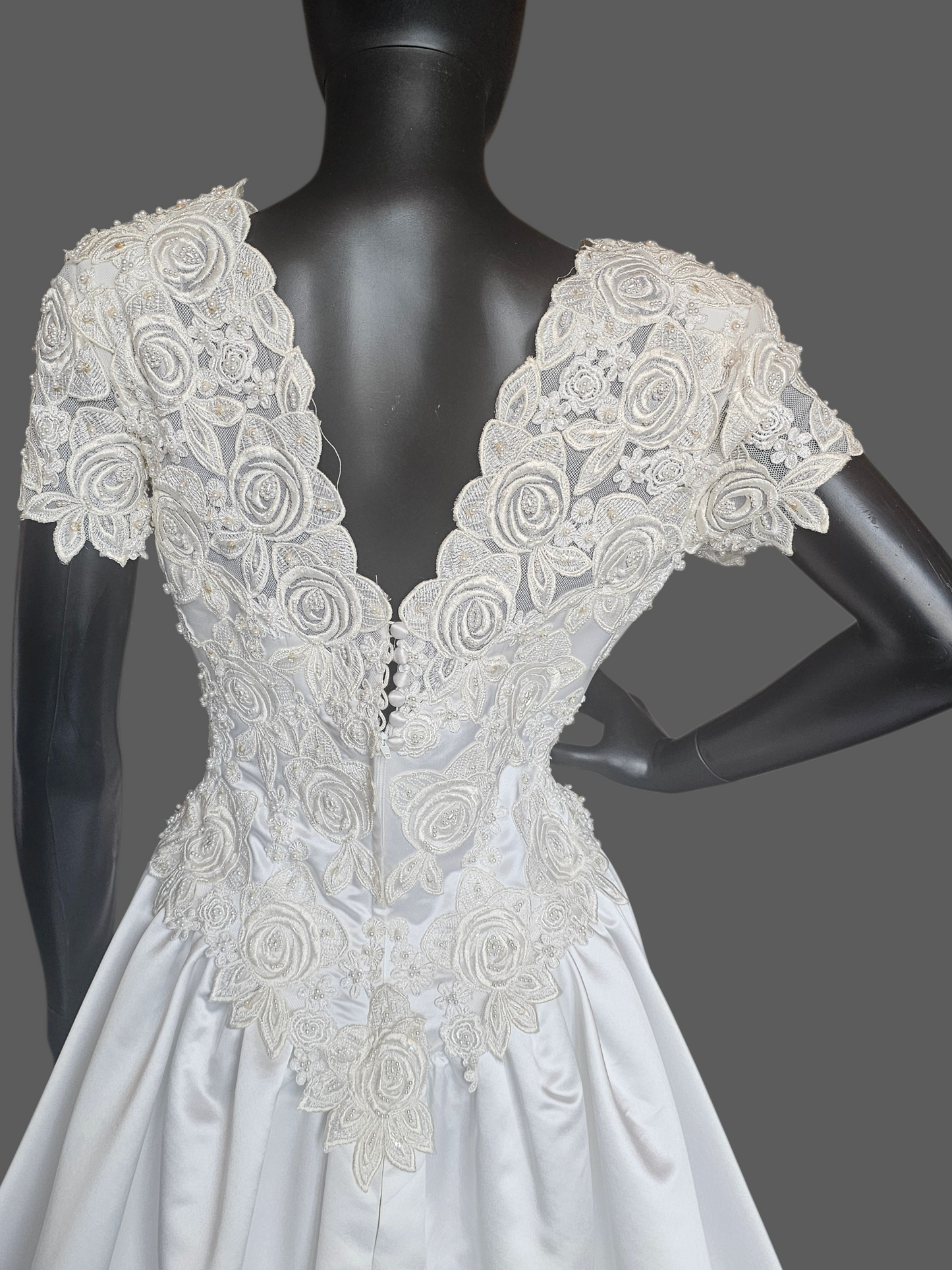 Vintage White Satin Embroidered Cap Sleeve Wedding Gown - Modest