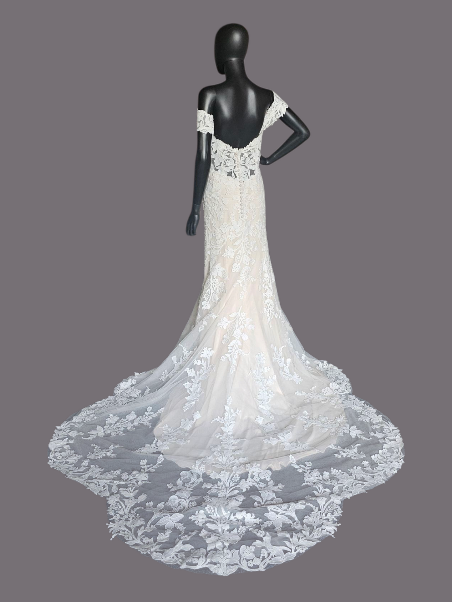 Ivory/Champ Floral Lace Off Shoulder Wedding Gown - Madeline Gardner