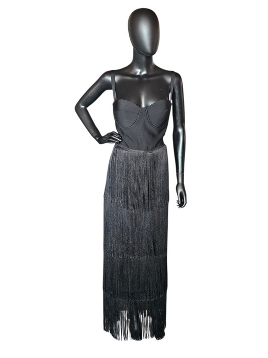Fitted Black Fringe Maxi Party Dress NWT - Nova Luxe