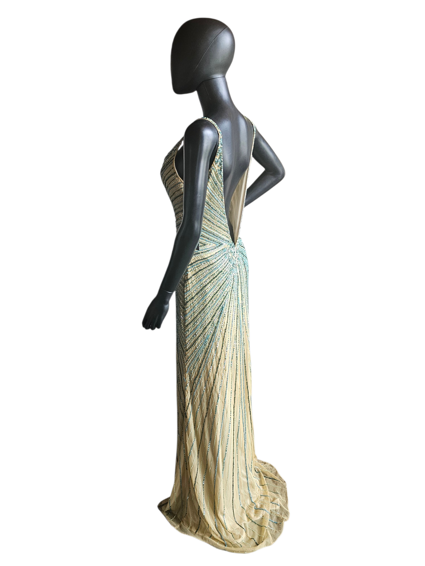 Nude/Green Large Scale Beaded Design V-Neck Fit/Flare Open Back Mom/ Formal/prom Dress - Primavera