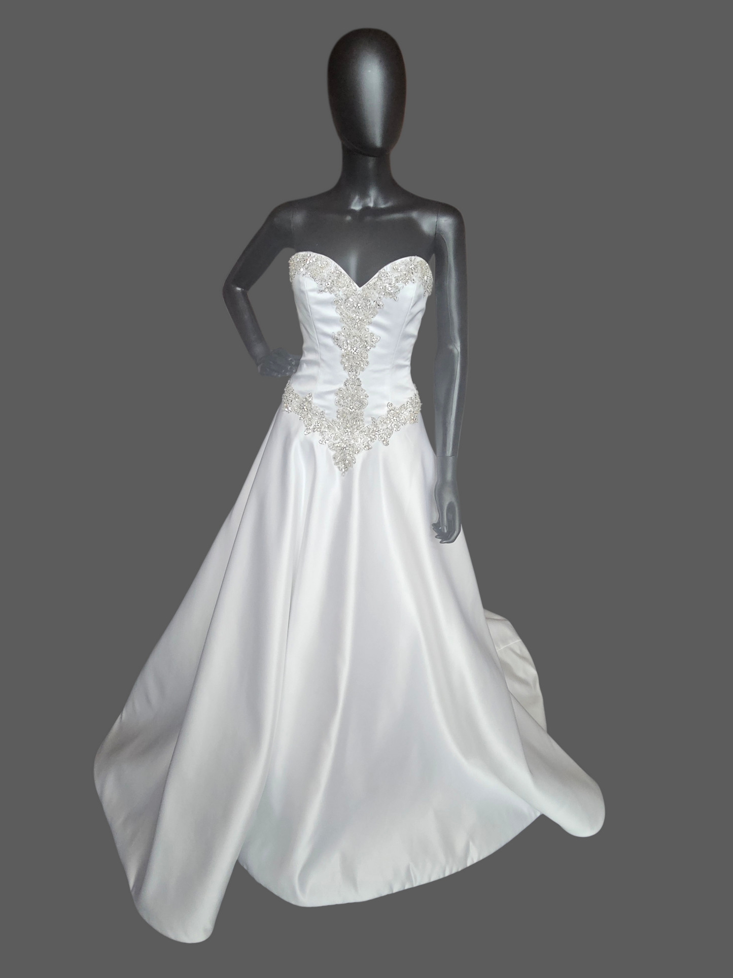 White Satin Basque Waist Strapless Sweetheart Wedding Gown - Mori Lee