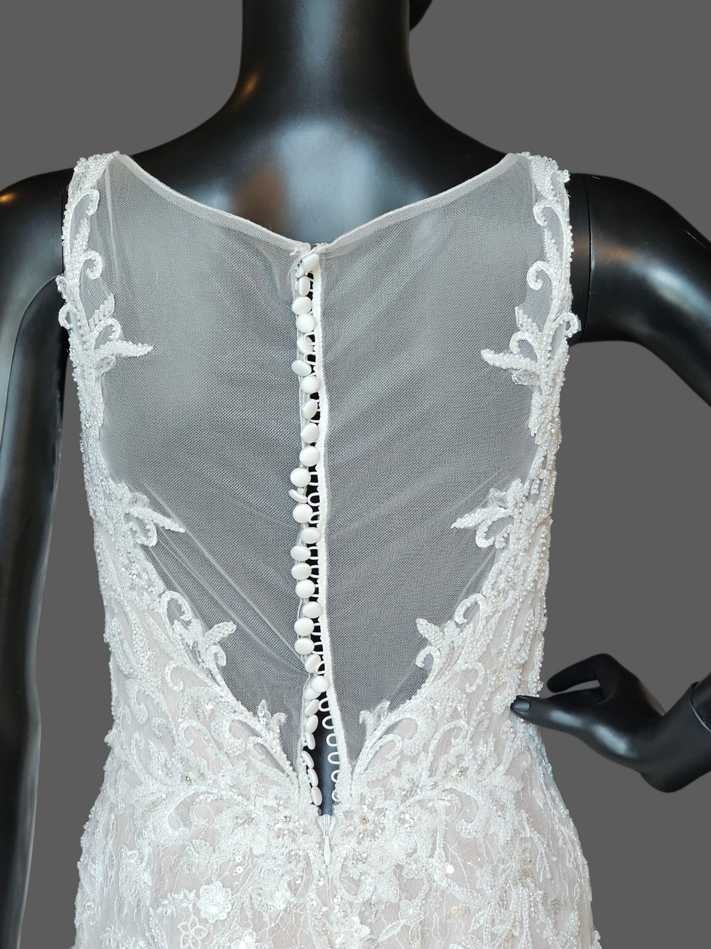 Ivory/Latte Beaded Lace Illusion Back Plunge Fit and Flare Wedding Gown - Da Vinci