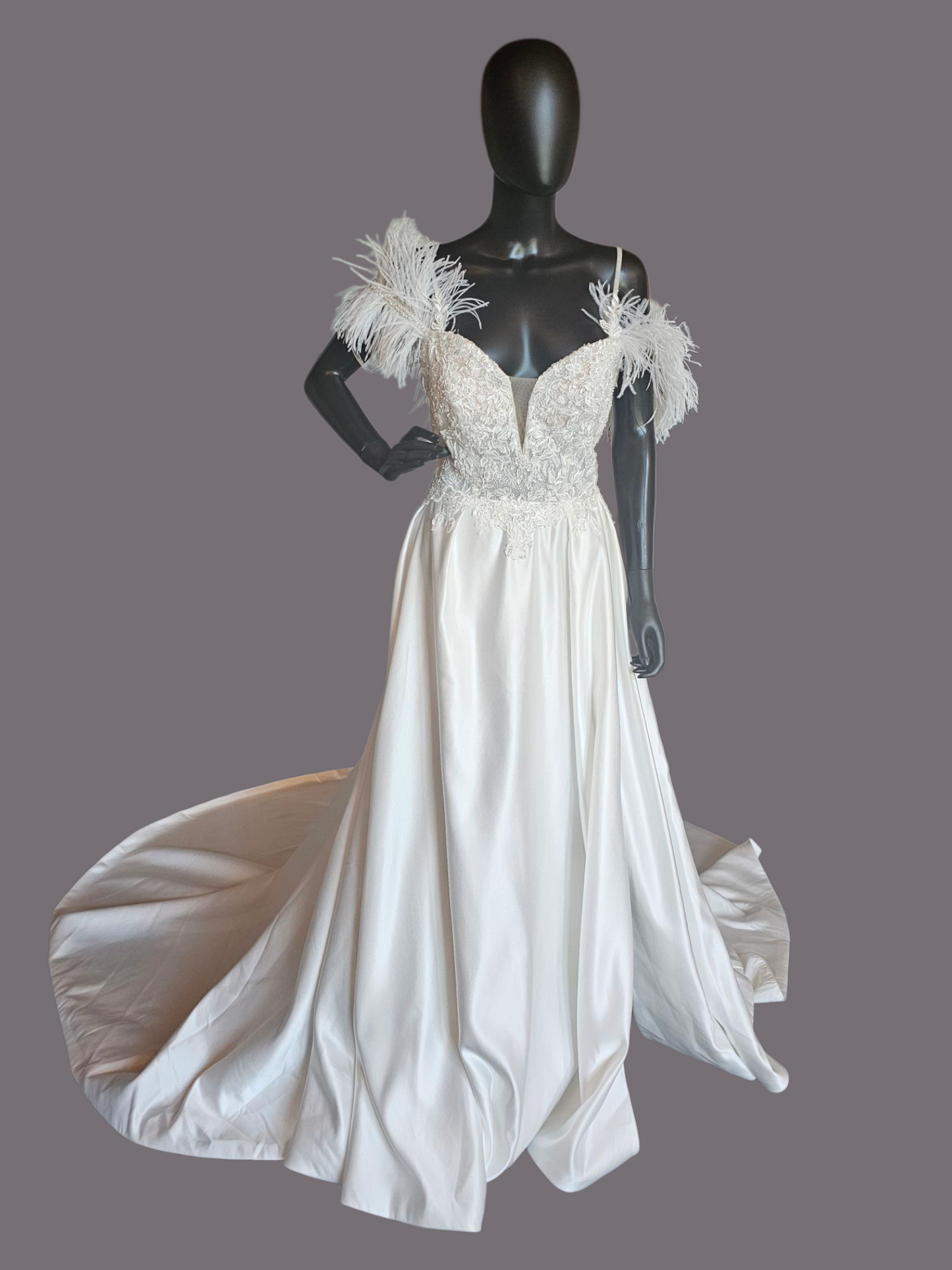 Ivory Satin Plunge Illusion Bodice Removable Feather Straps Wedding Gown - Amy & Eve