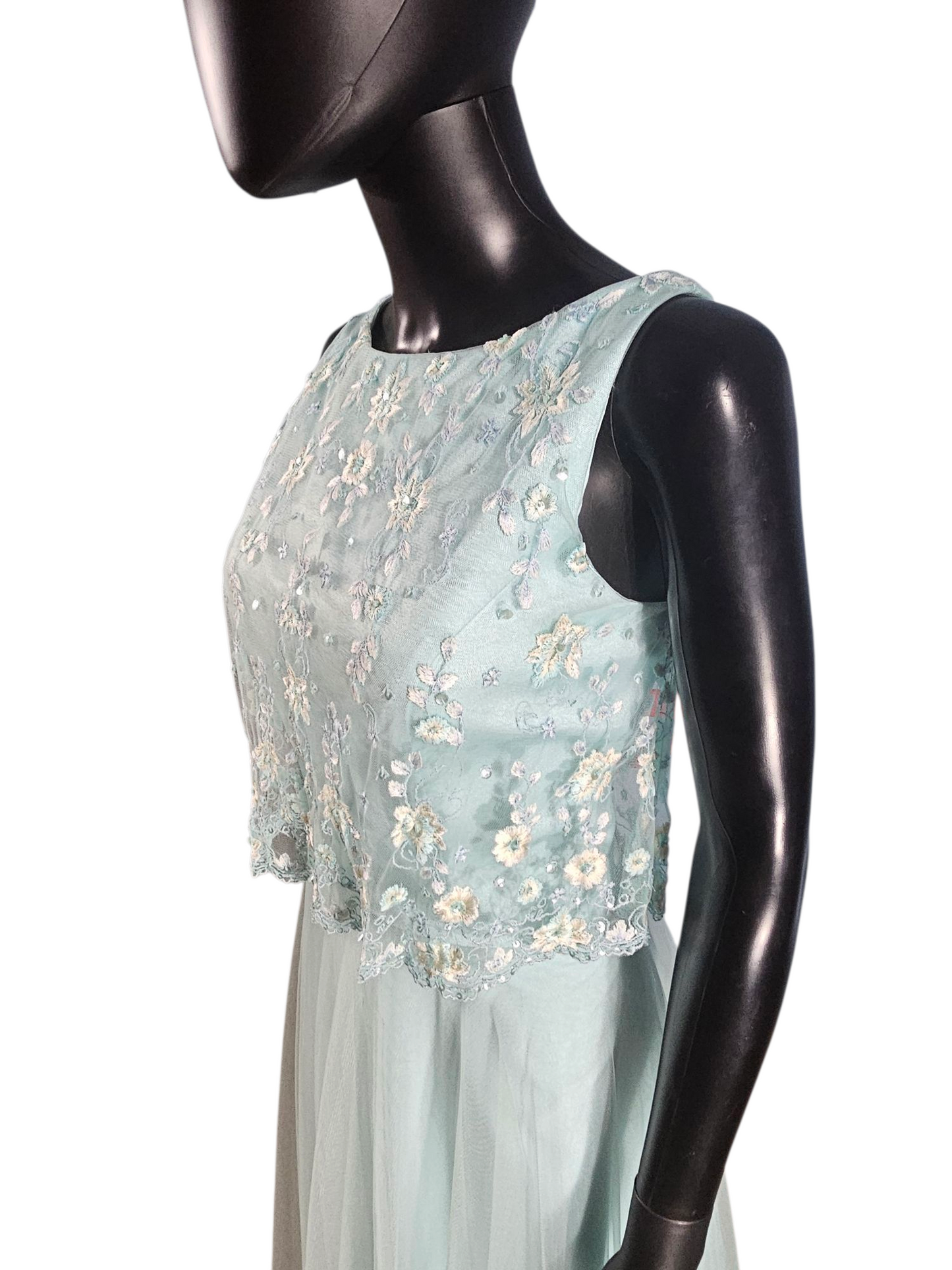 Mint Lace Bodice Full Length Formal A-Line Dress - Mori Lee