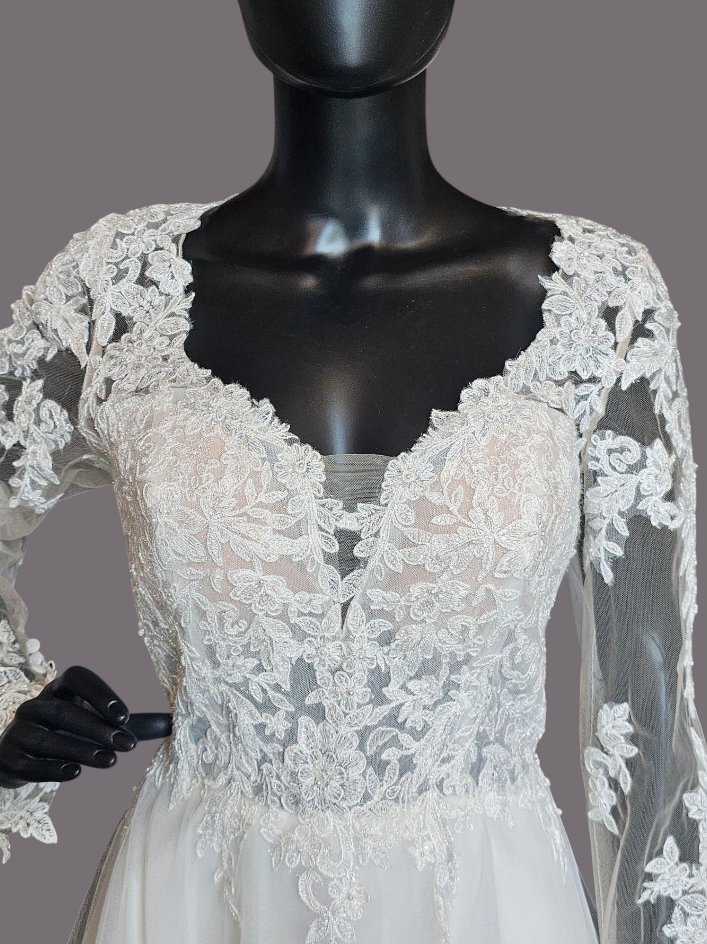 Illusion Bodice Long Sleeve A-Line Wedding Gown  - Evelyn Bridal