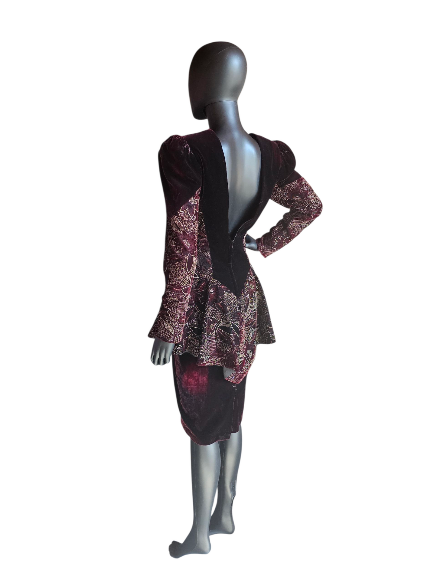 Vintage Dark Burgandy Velvet Peplum Party Dress - Jessica McClintock