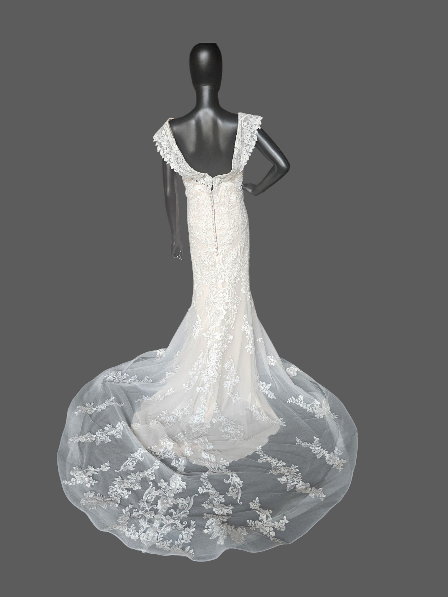 Ivory/Champagne Lace Off Shoulder/Portrait Collar Wedding Gown - Mori Lee